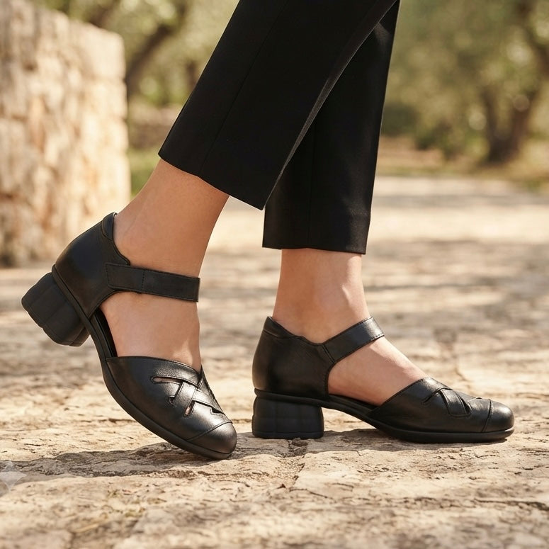 Zoe Leather Velcro Strap Cushioned Block Heel Sandals in Black - The Heels India