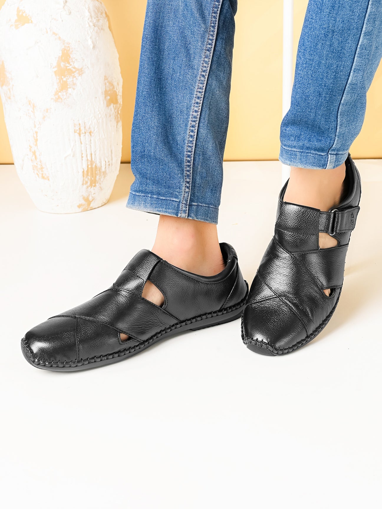 Monarch Black Leather Sandals - The Heels India