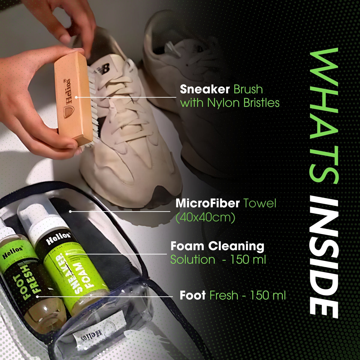 HELIOS ADVANCED SPORT & SNEAKER CLEANER KIT WITH MICRO FIBER CLOTH & FOOT FRESH.