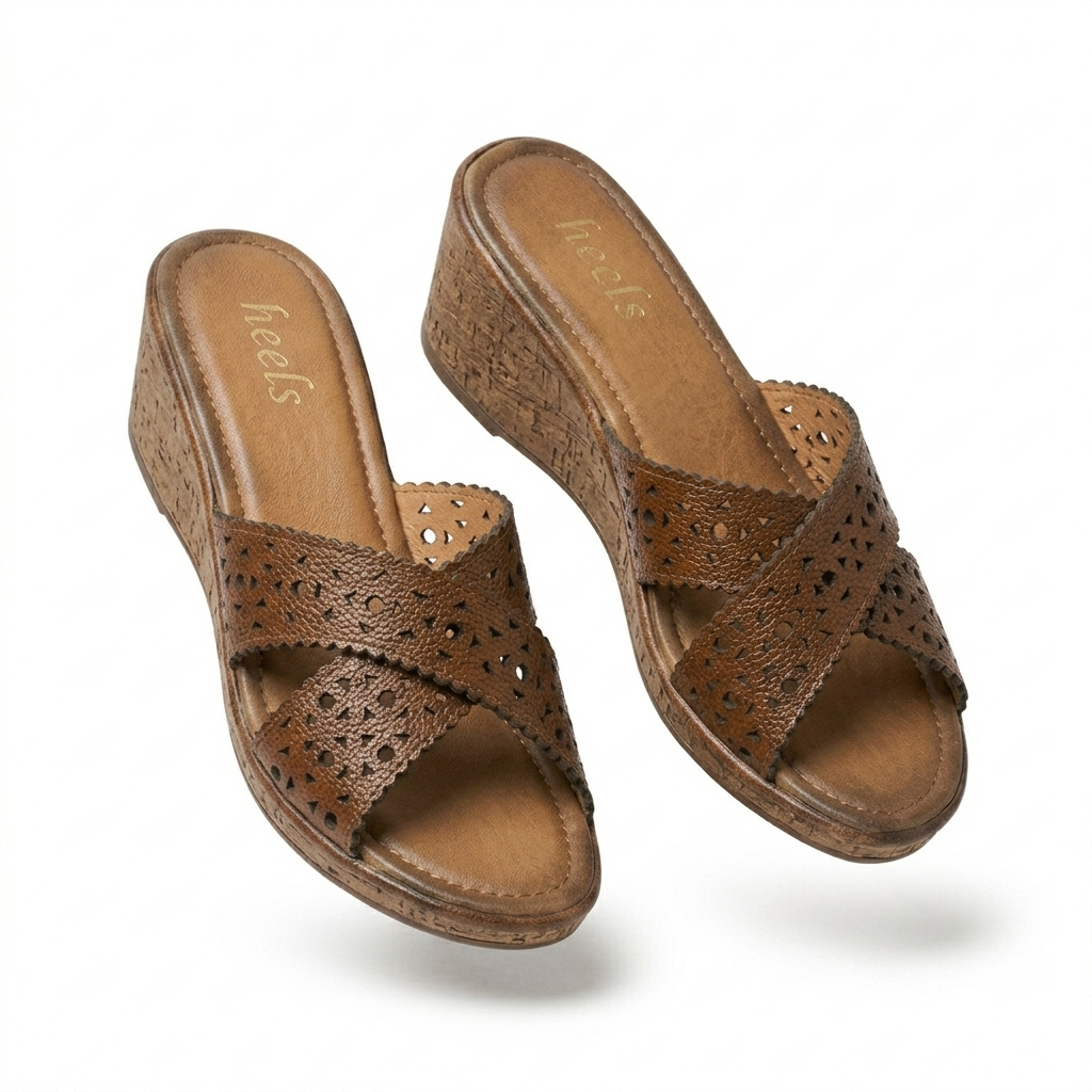 Valencia Laser Cut Perforated Leather Wedge Heel Cross Slippers