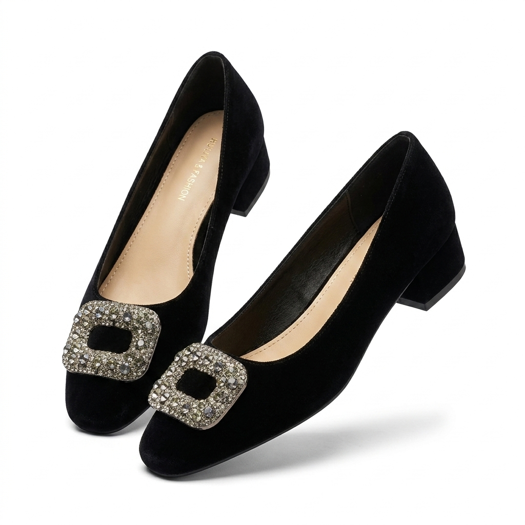 Eilish Velvet Block Heel Bling Pumps
