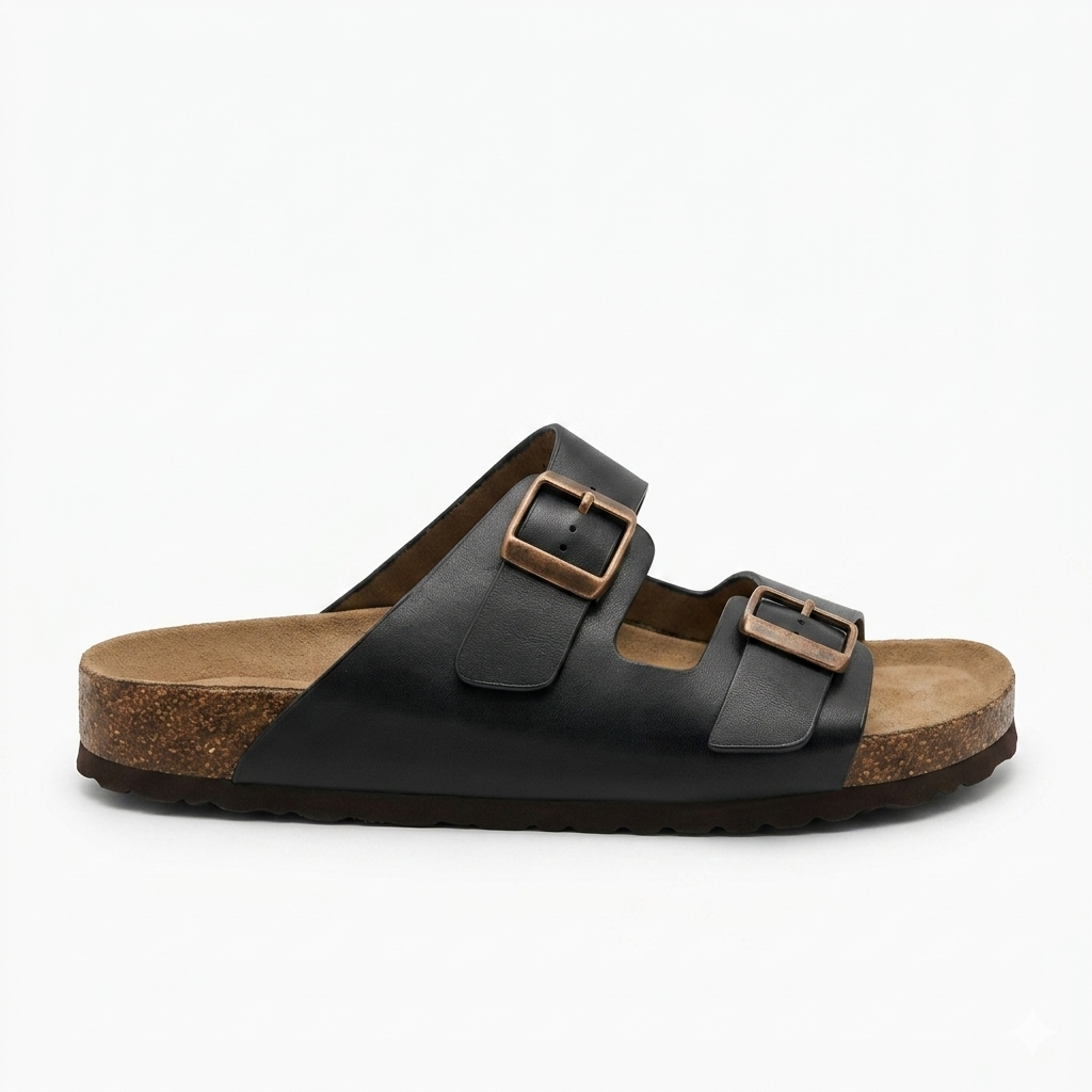 Moda Premium Black Leather Double Strap Cork Sliders for Men - Front View
