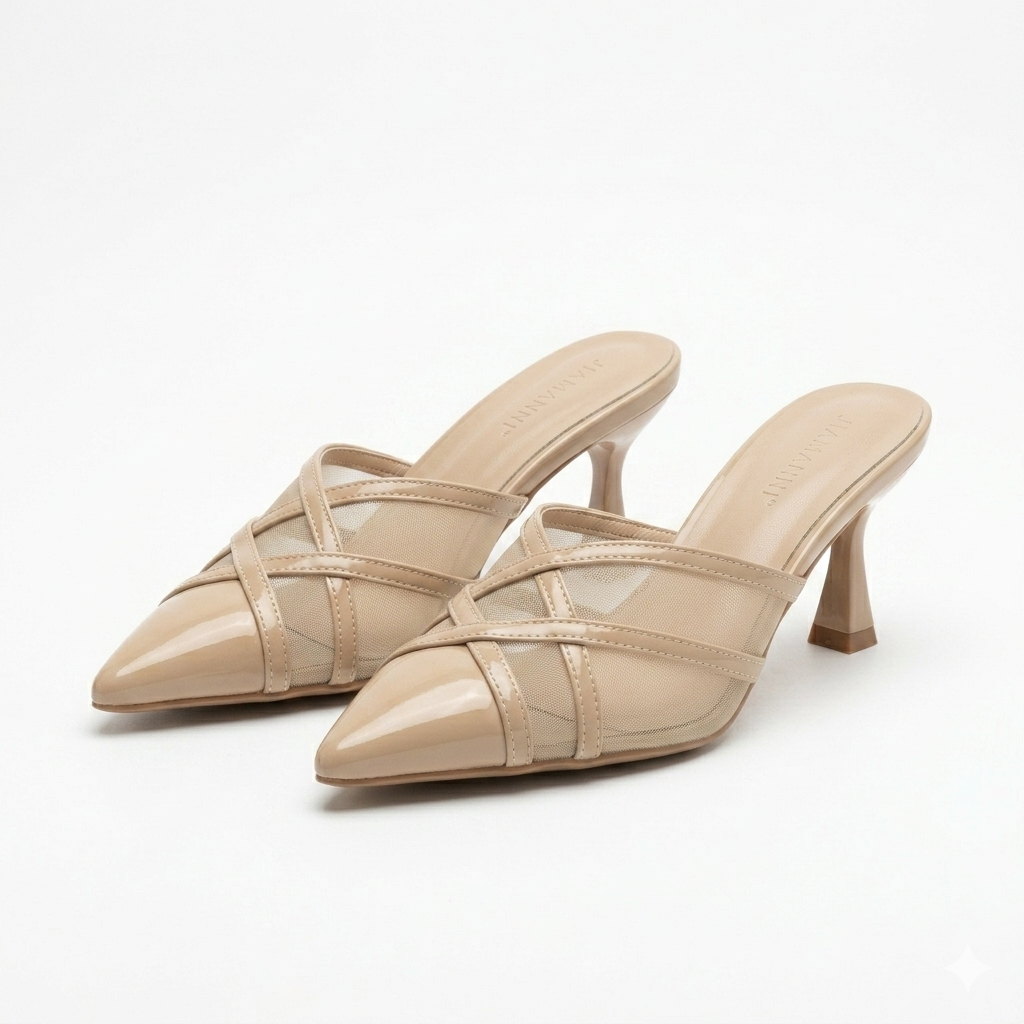 Audrey Criss Cross Back Open Mesh Patent Kitten Heel Mules