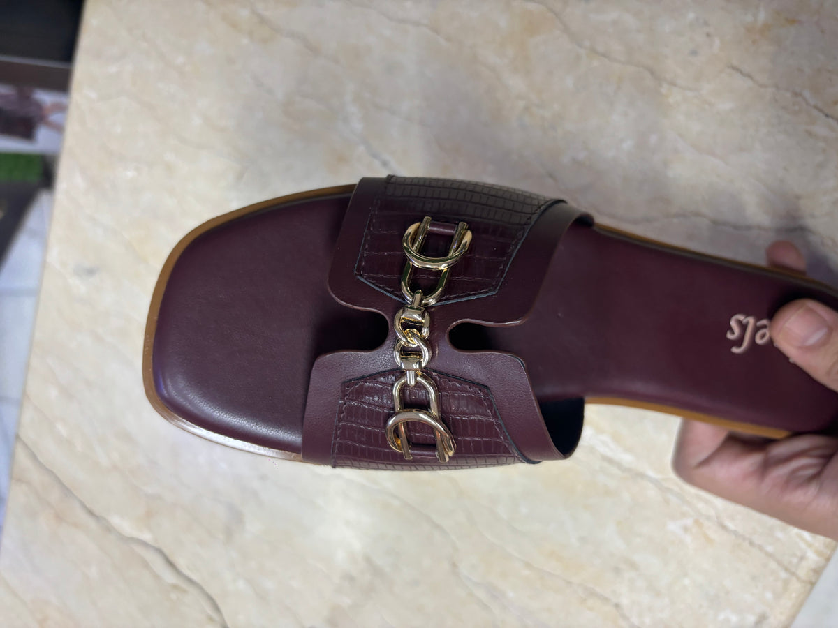 Julia Croco Chain Flat Summer Sliders in Wine - The Heels India