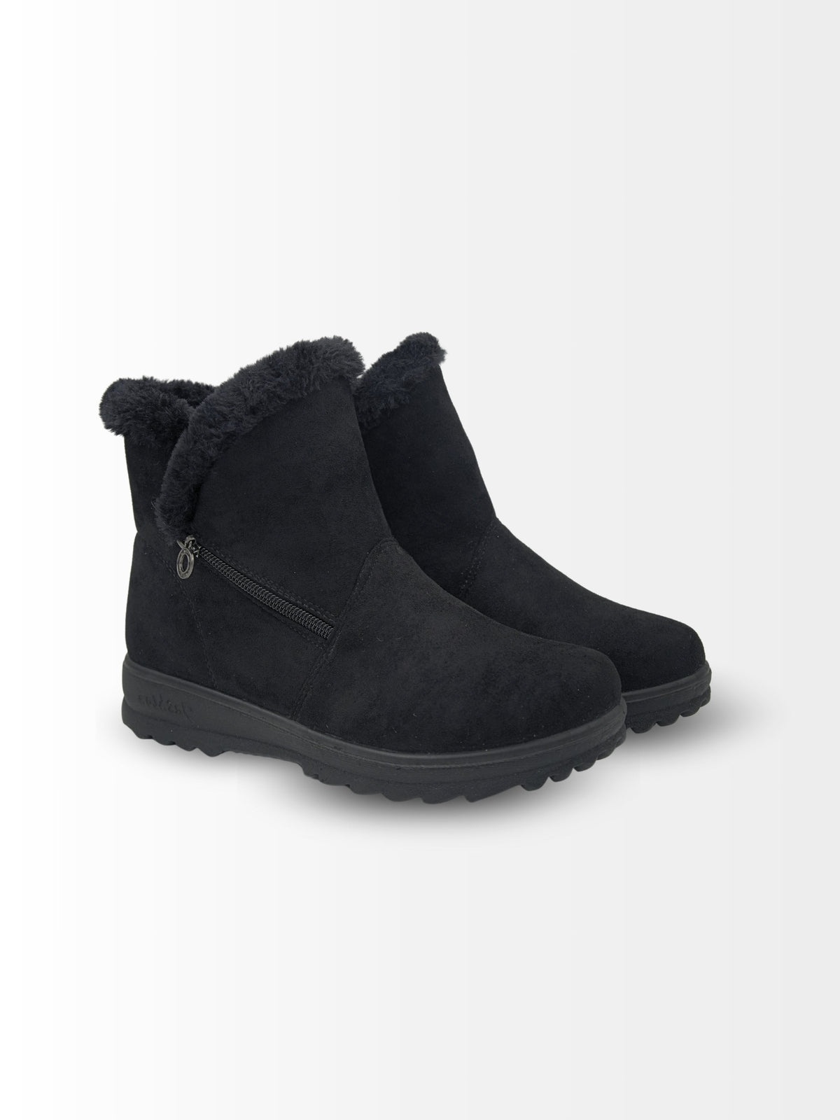 Black ankle boots with fur trim on a white background