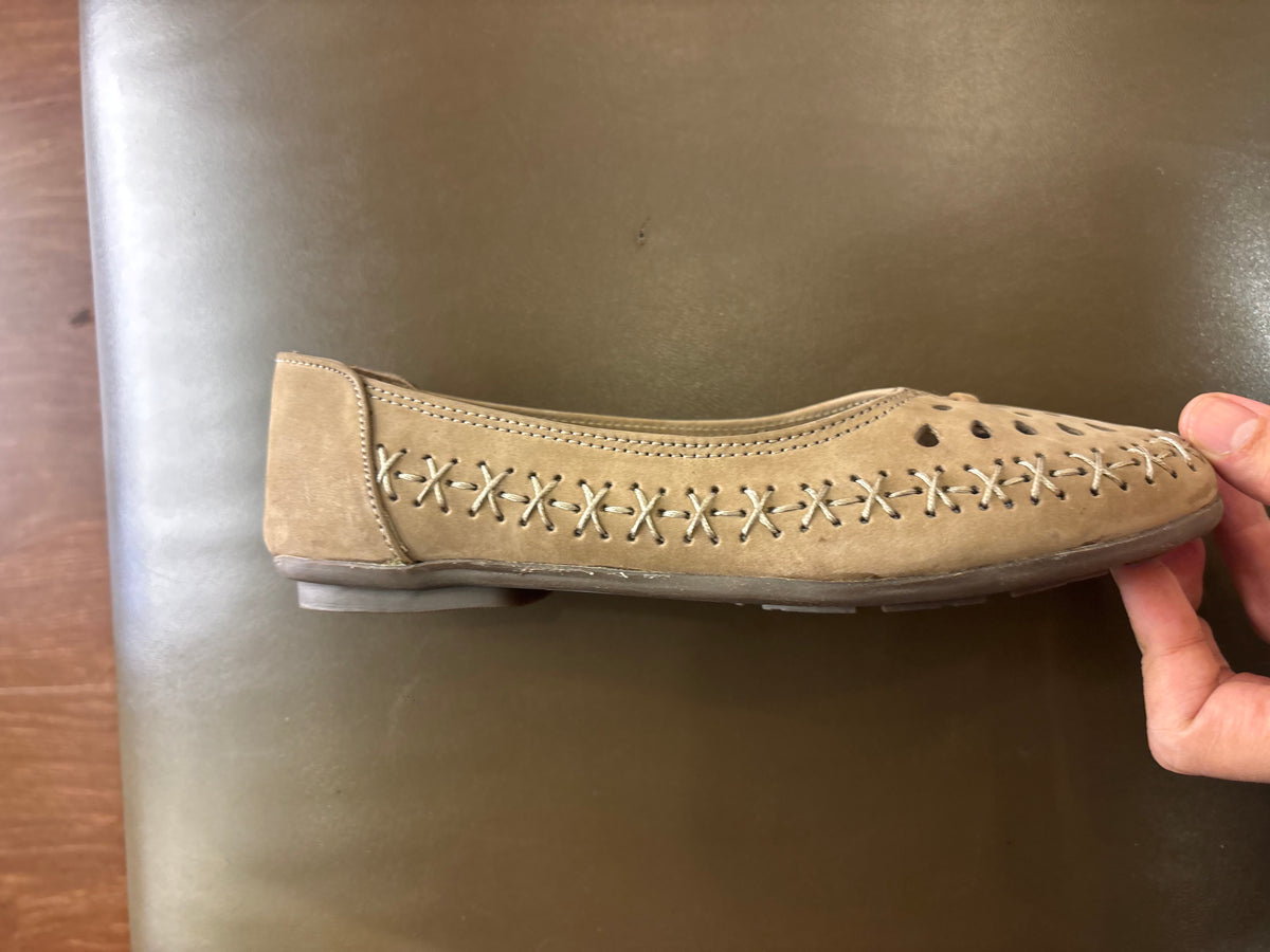 Lynda Nubuk Perforated Leather Ballerinas in Chikoo - The Heels India