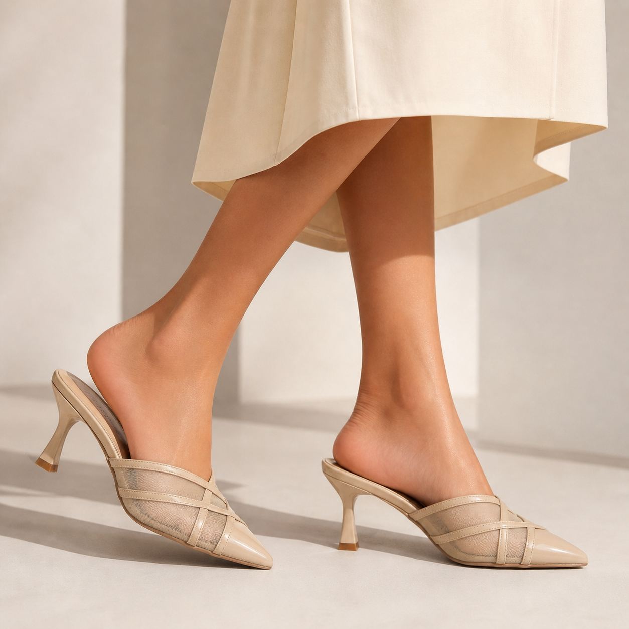 Audrey Criss Cross Back Open Mesh Patent Kitten Heel Mules