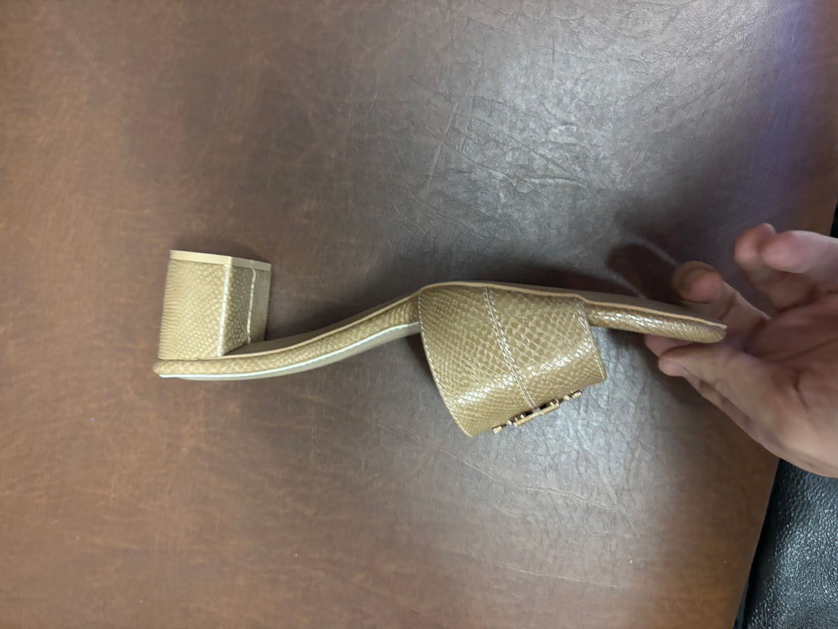 Klara Slip On Block Heel Mules in Chikoo - The Heels India