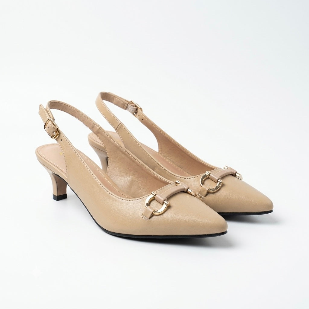 Brie Mini Premium Slingback Kitten Heels in Beige - The Heels India