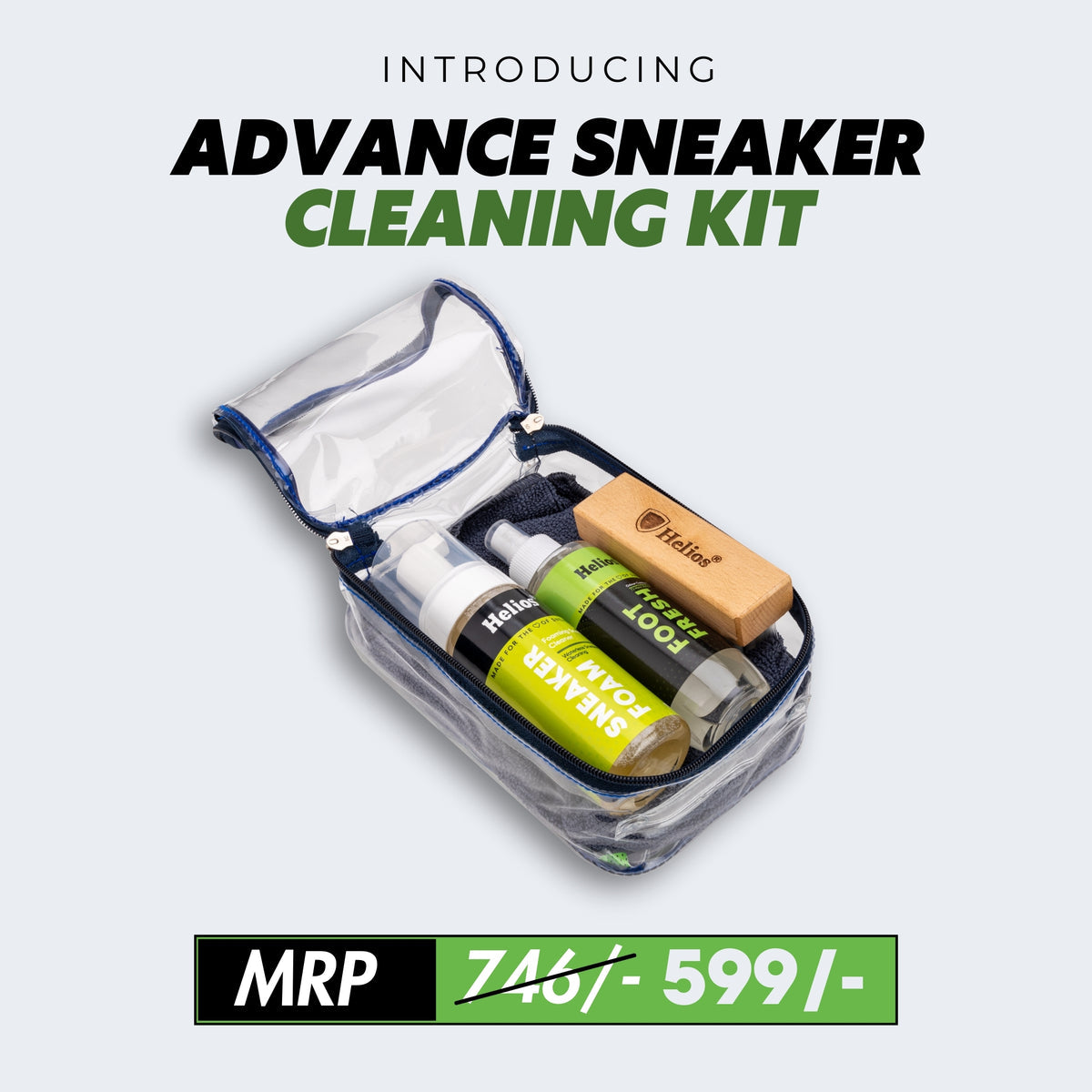 HELIOS ADVANCED SPORT & SNEAKER CLEANER KIT WITH MICRO FIBER CLOTH & FOOT FRESH.