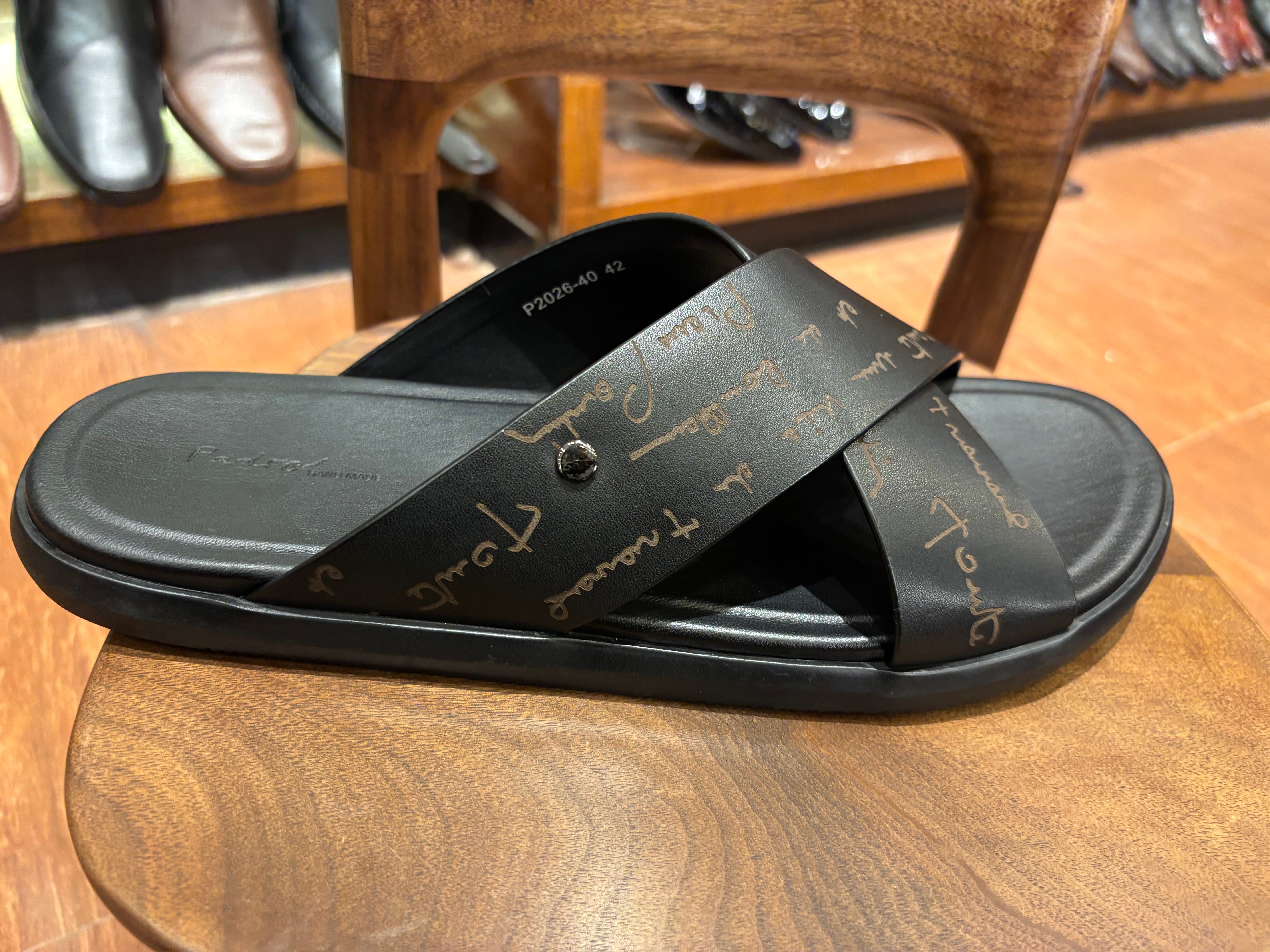 Lucas Premium Engraved Leather Double Strap Cross Slippers