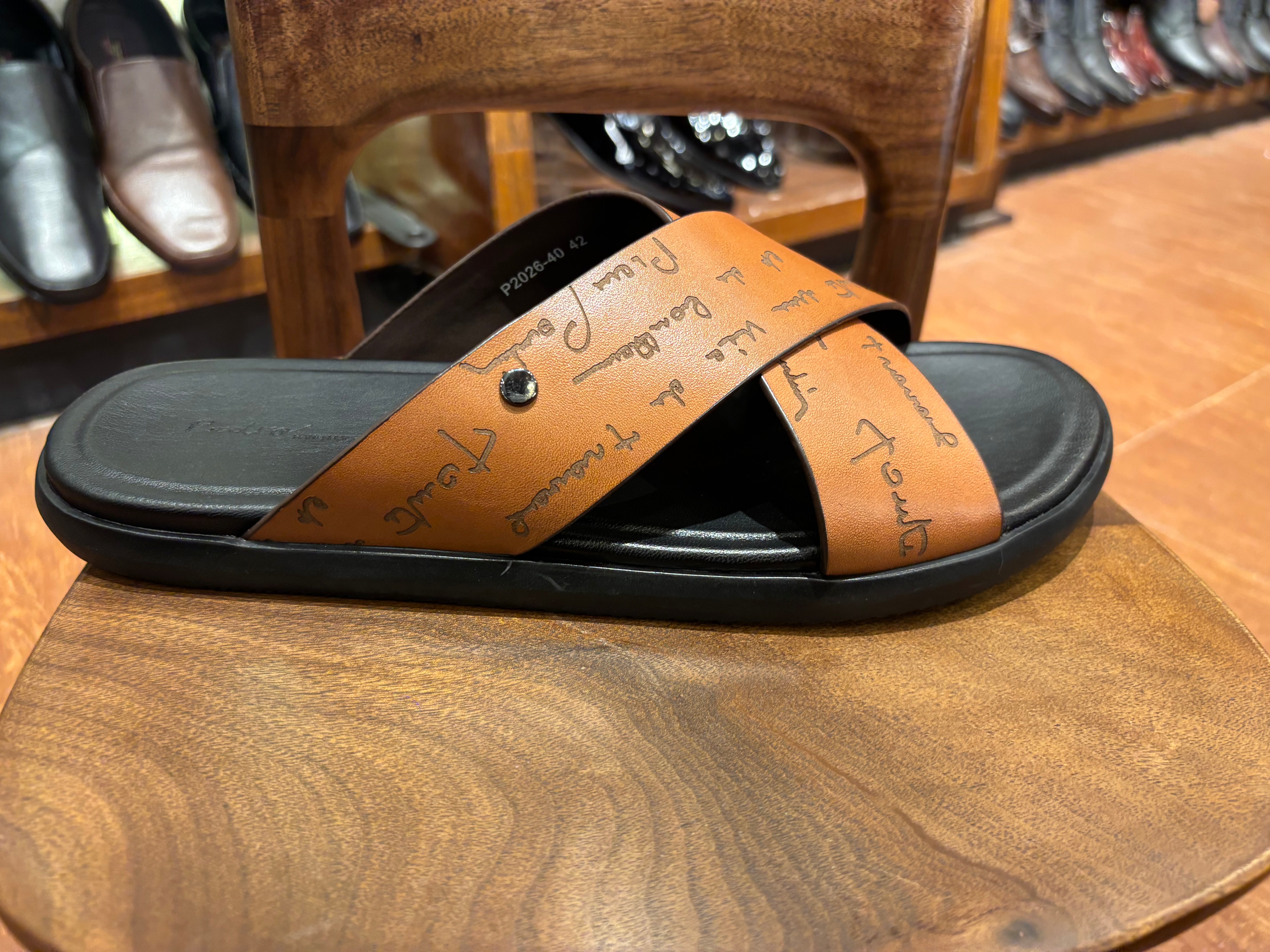 Lucas Premium Engraved Leather Double Strap Cross Slippers