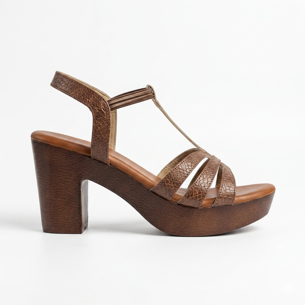 Snake Texture T-Strap Platform Block Heel Sandal – Brown