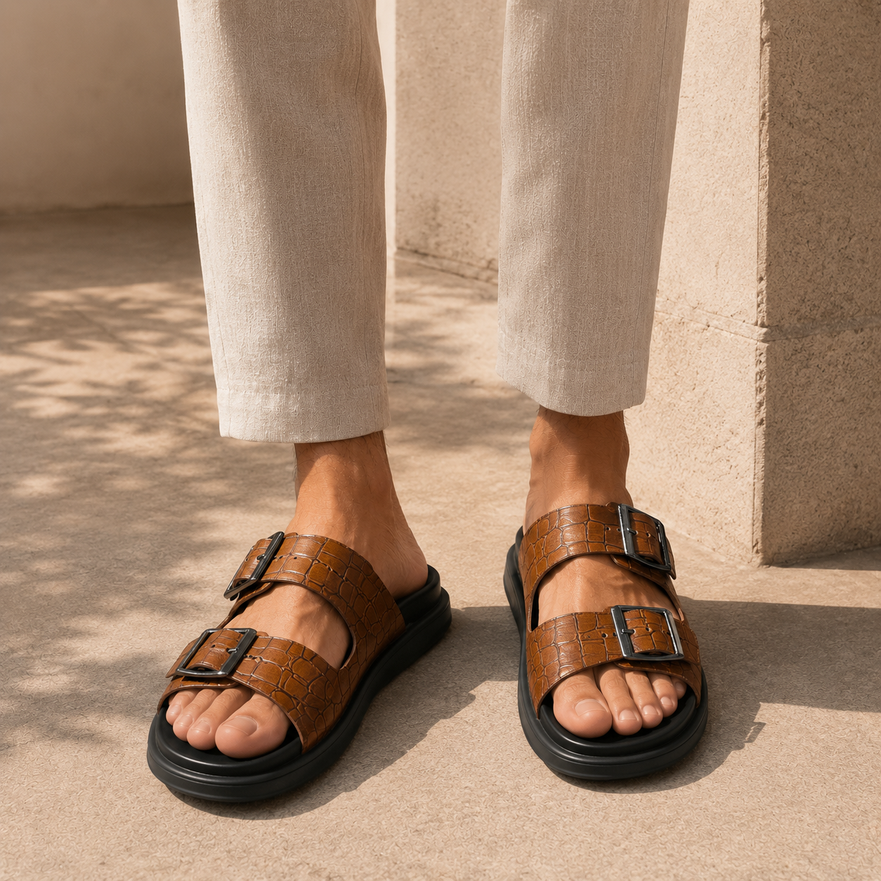 Lacroix Premium Leather Double Strap Sliders