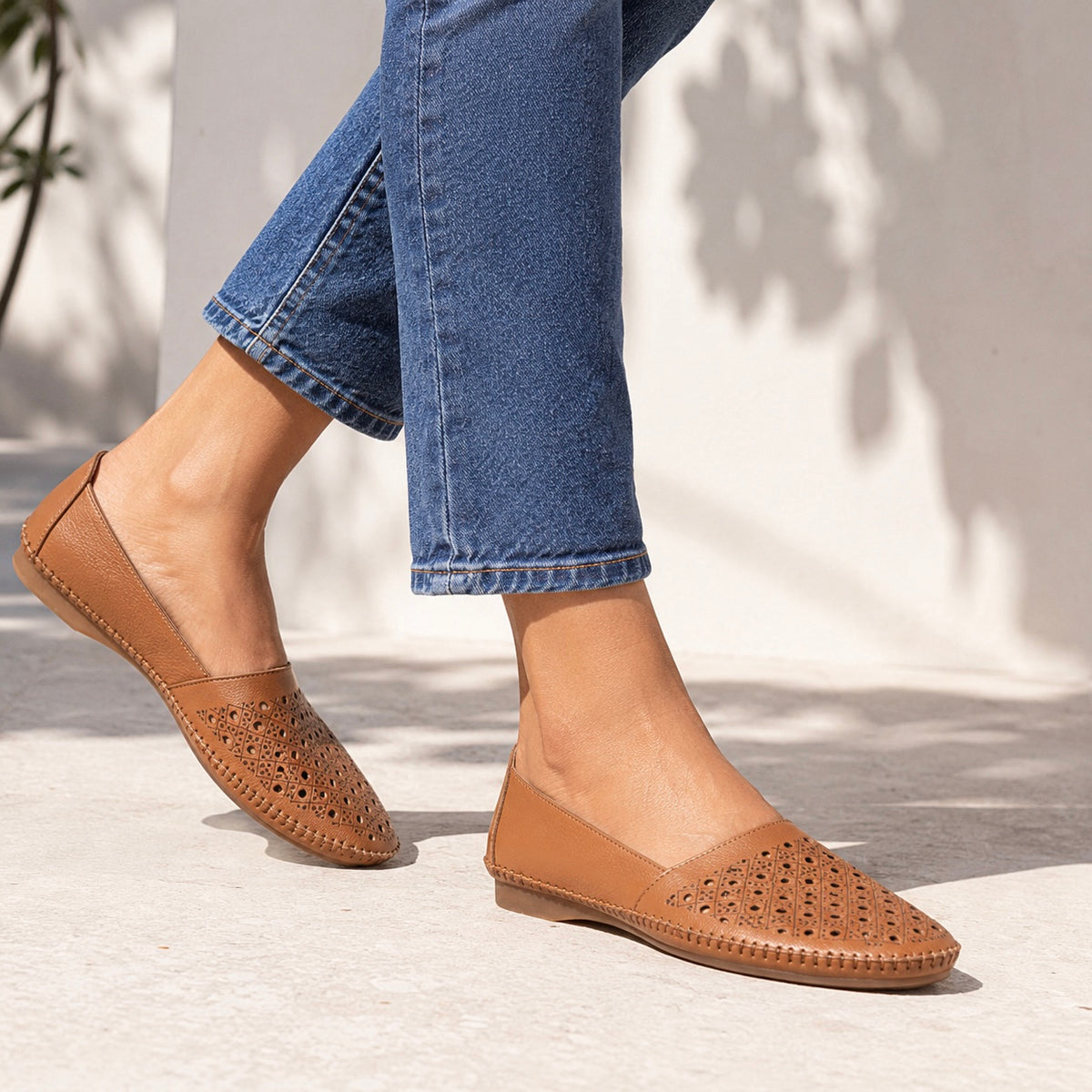 Alvira Perforated Cushioned Leather Ballerinas in Tan - The Heels India