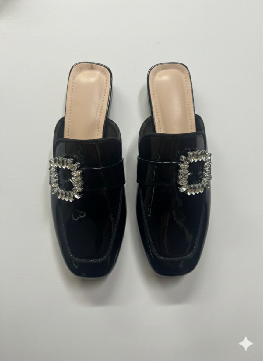 Luna Premium Patent Back Open Block Heel Mules - The Heels India