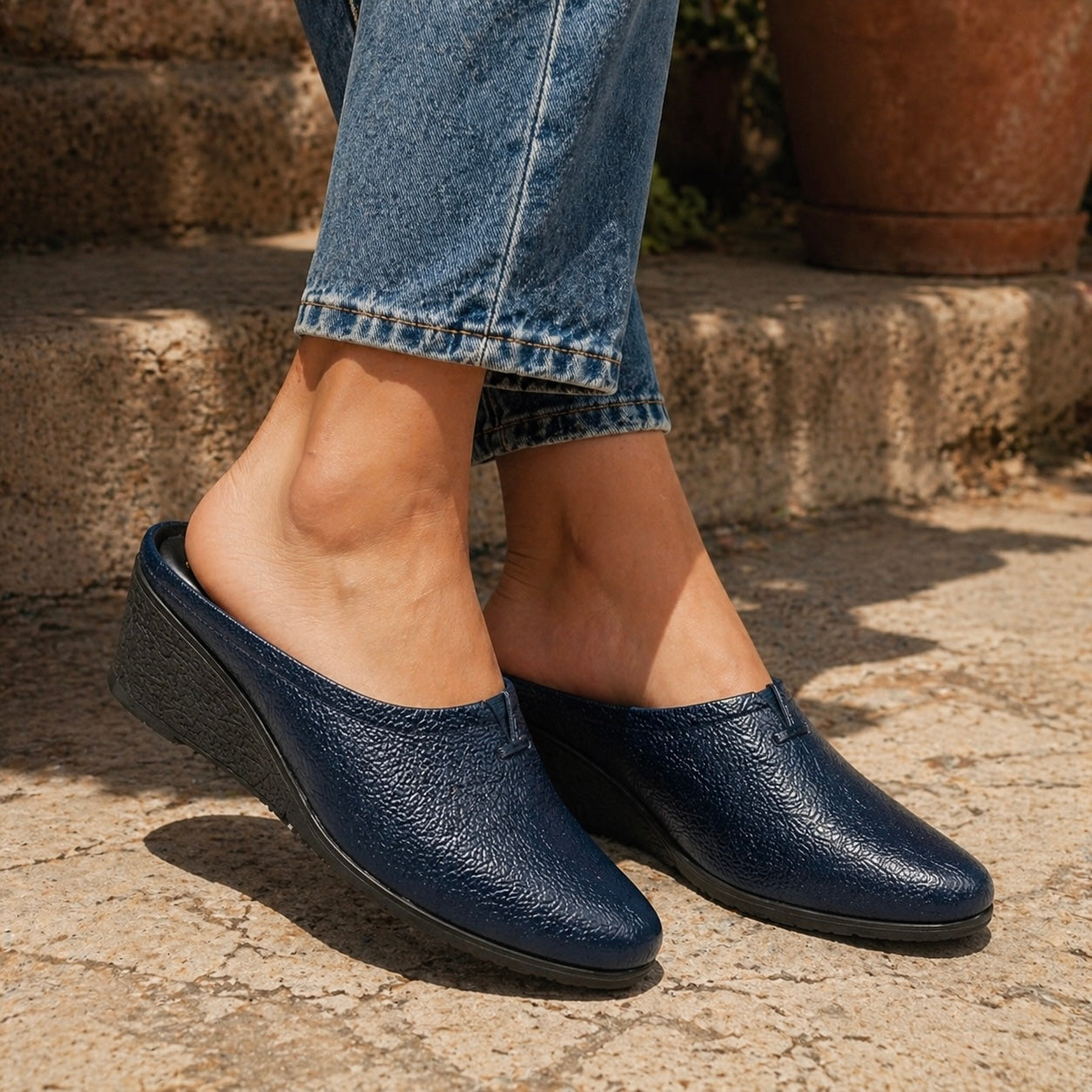 Cherie Leather Back Open Wedge Heel Mules