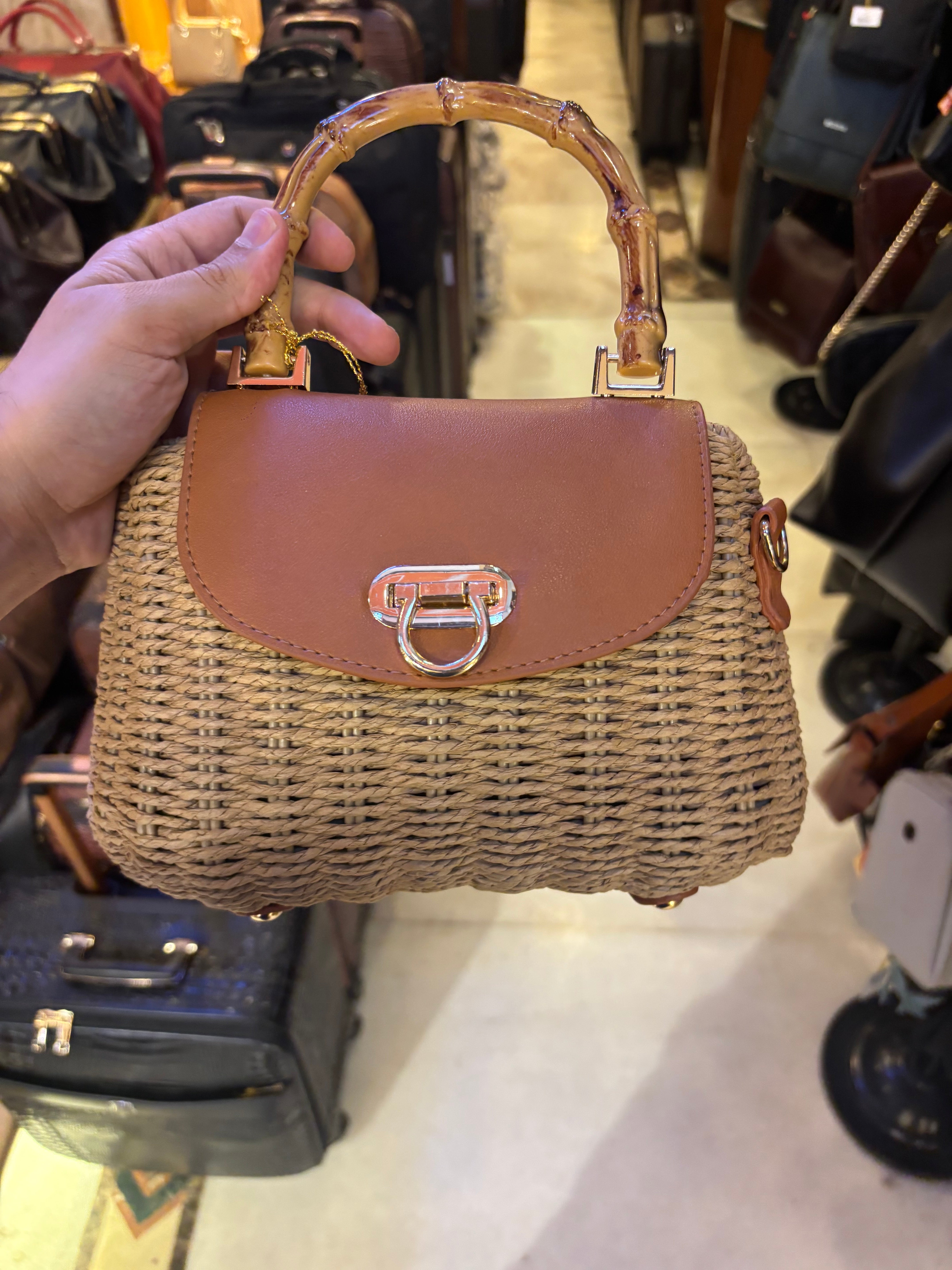 Wooden Handle Boho Straw Sling Bags