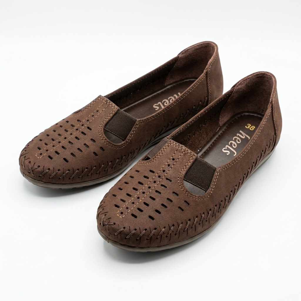 Paulina Nubuk Perforated Leather Ballerinas in Brown - The Heels India