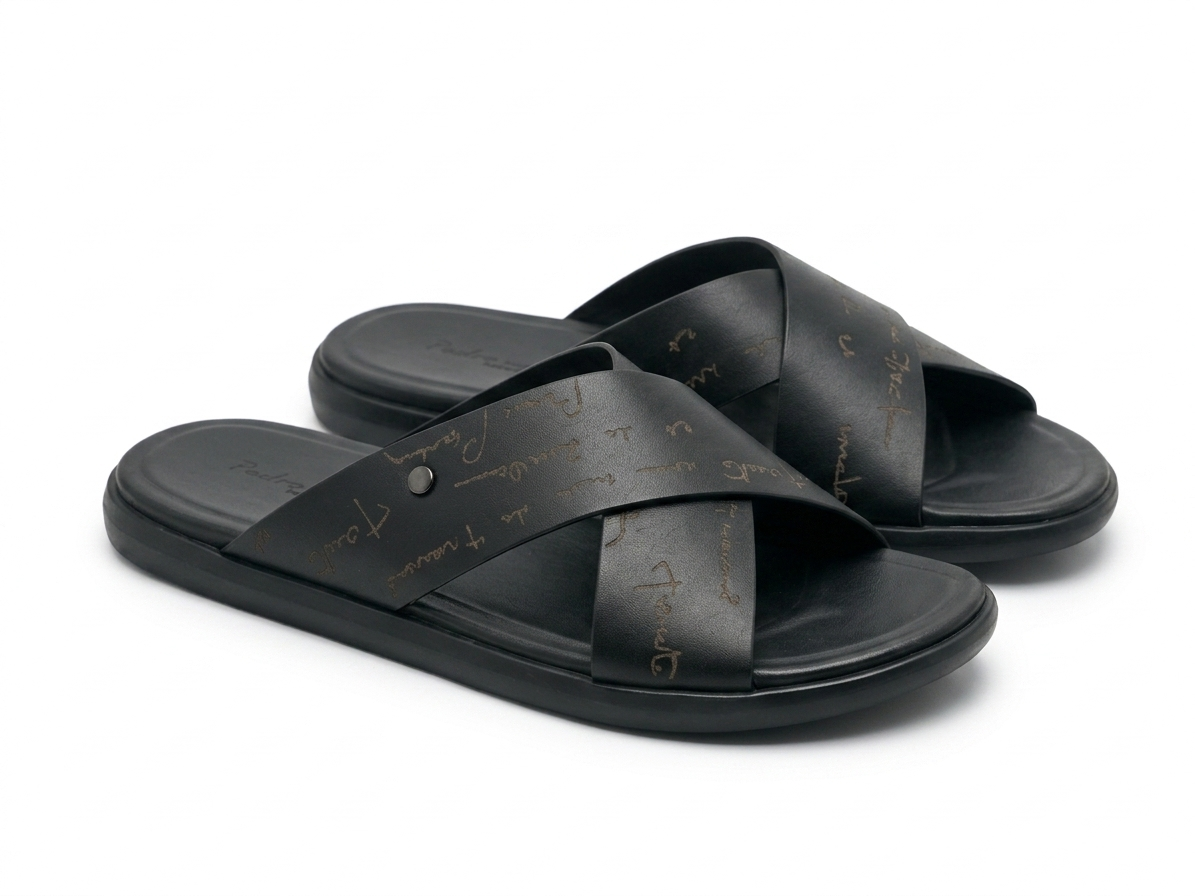Lucas Premium Engraved Leather Double Strap Cross Slippers