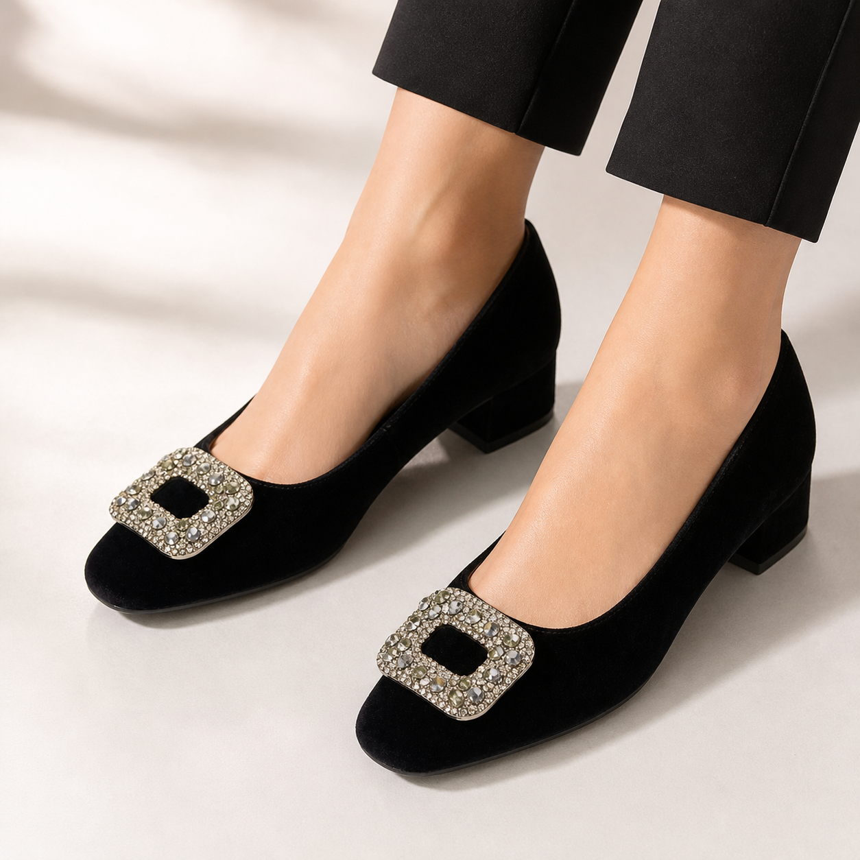 Eilish Velvet Block Heel Bling Pumps
