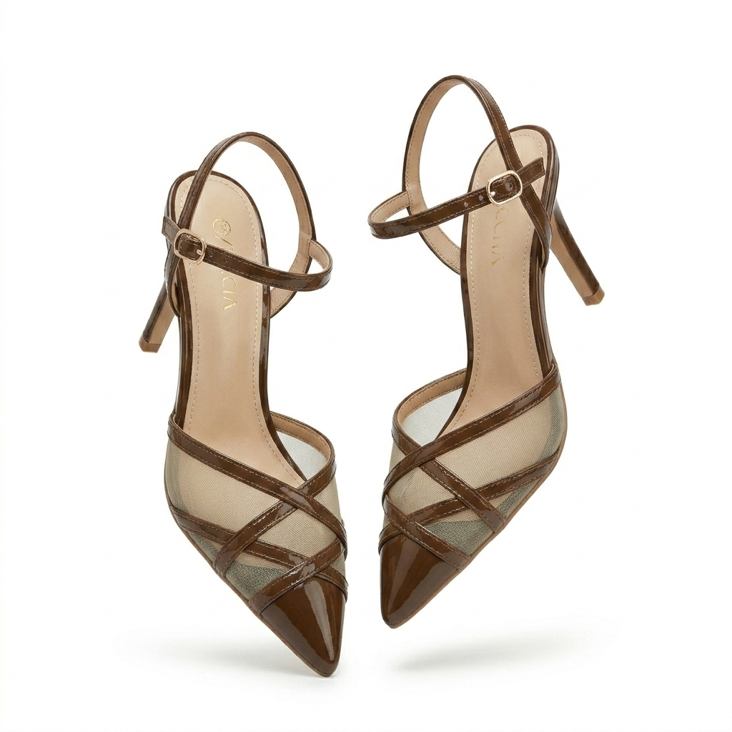 Emrata Criss Cross Mesh Patent Kitten Heels