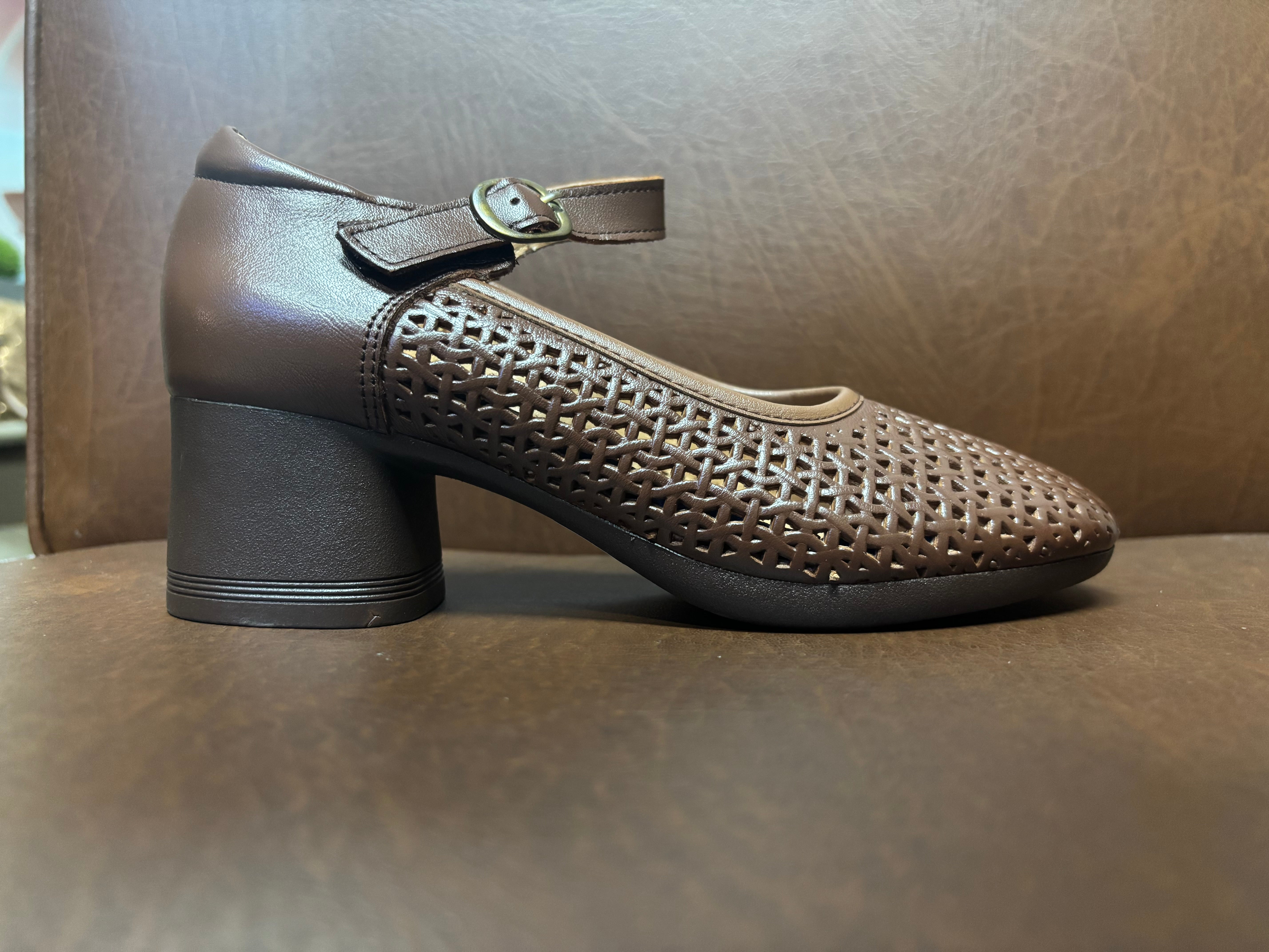 Reya Premium Leather Perforated Ankle Strap Block Heel Sandals