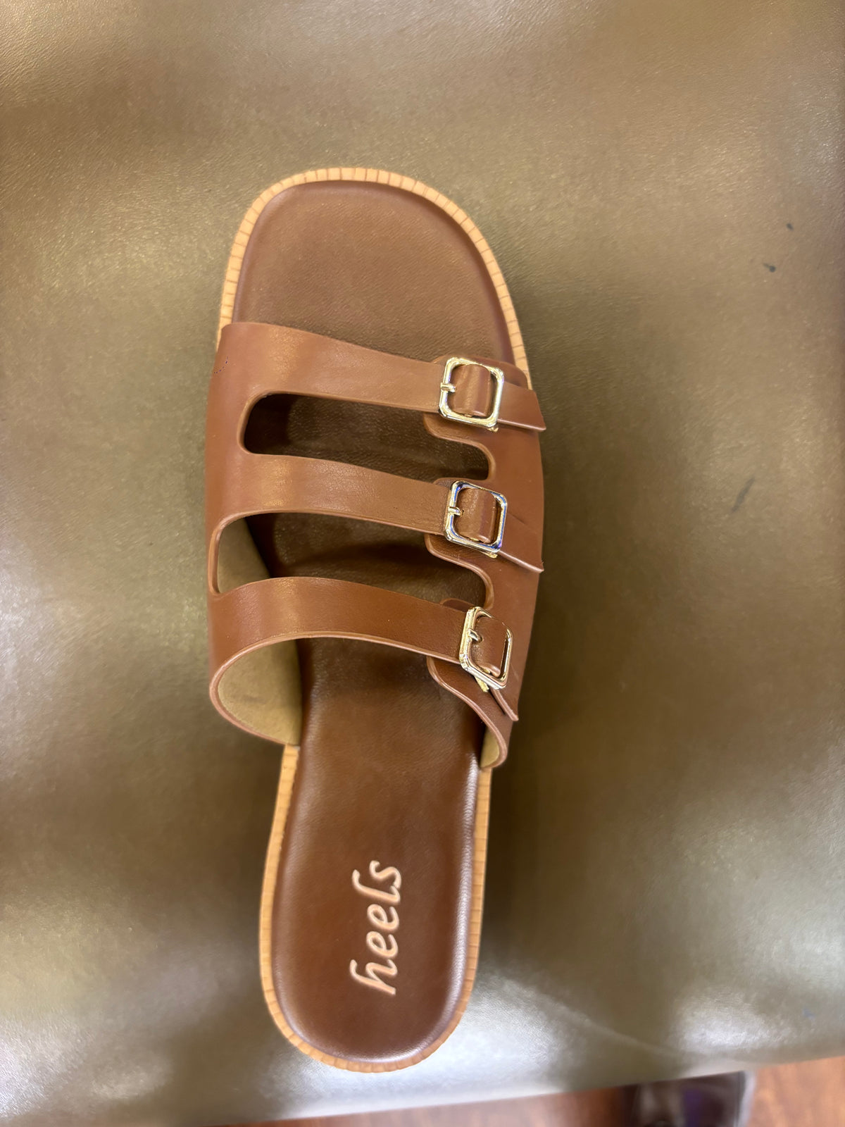 Zeeba Triple Buckle Cushioned Sliders in Tan - The Heels India