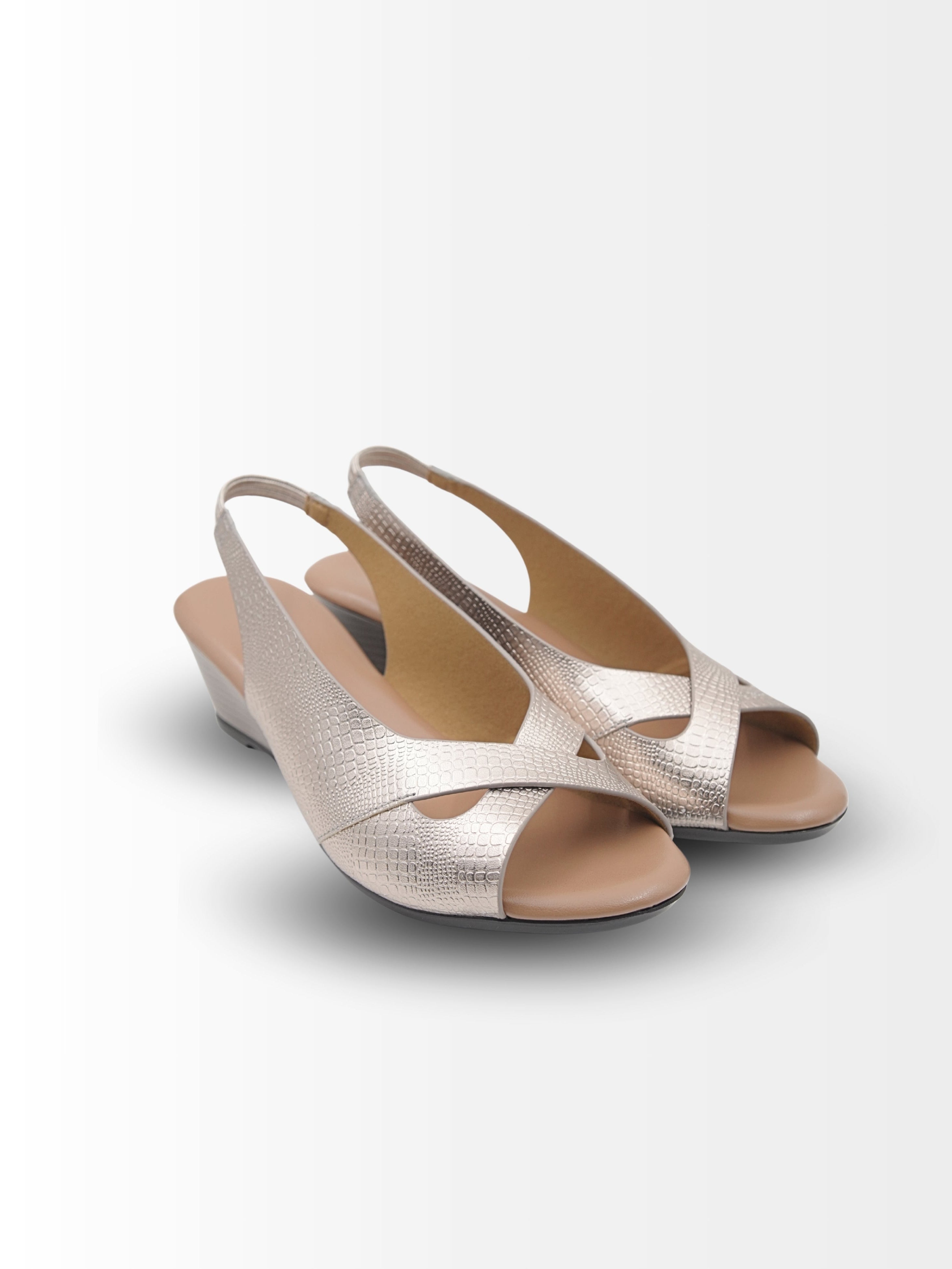Pair of metallic slingback shoes on a white background
