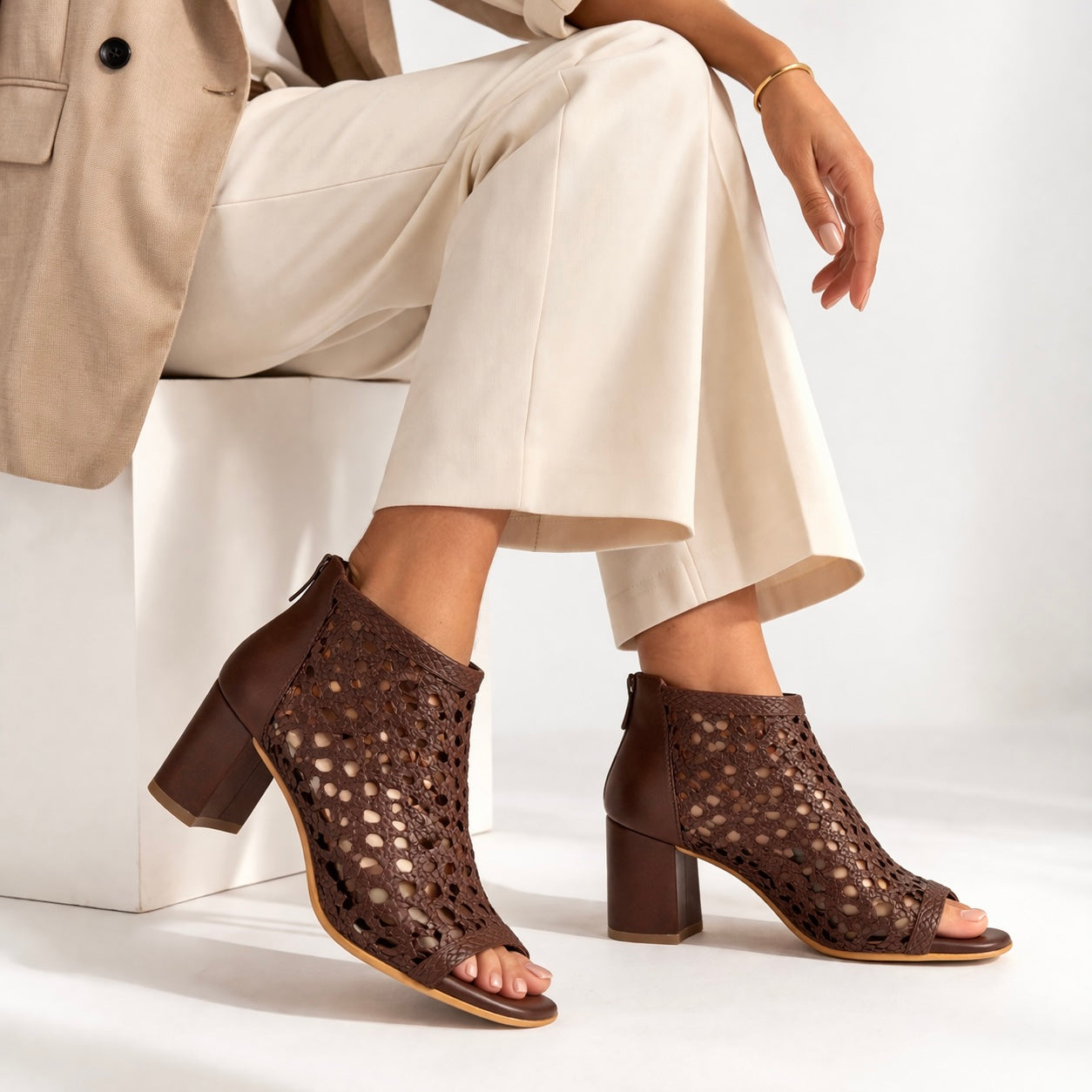 TESSA Premium Leather Mesh Gladiator Peep Toe Block Heels
