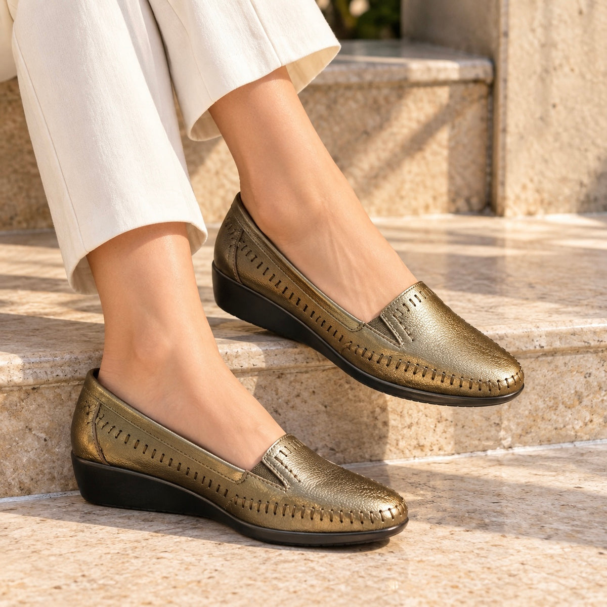 Lizzy Wedge Leather Classic Ballerinas in Bronze - The Heels India