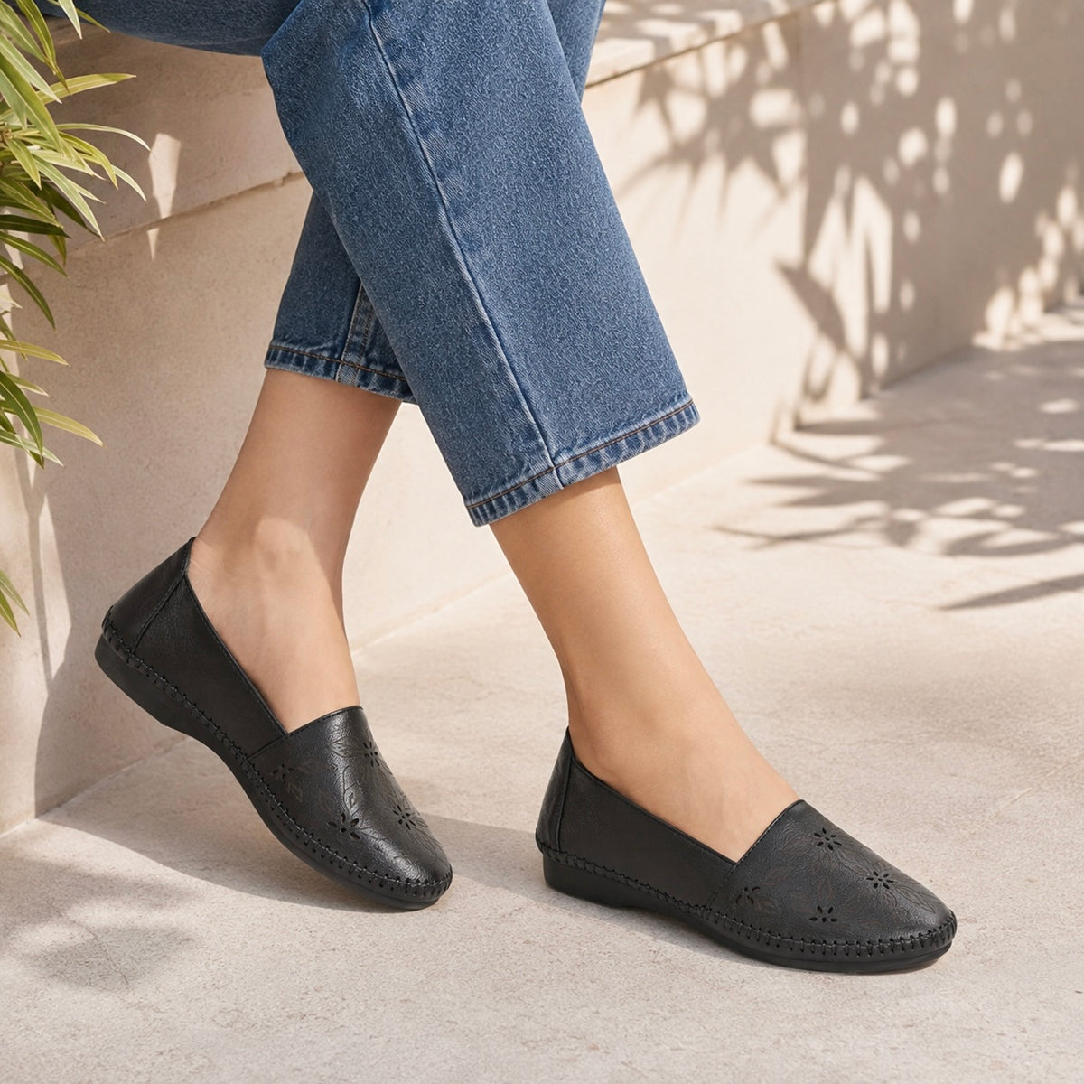 Teressa Perforated Cushioned Leather Ballerinas in Black - The Heels India