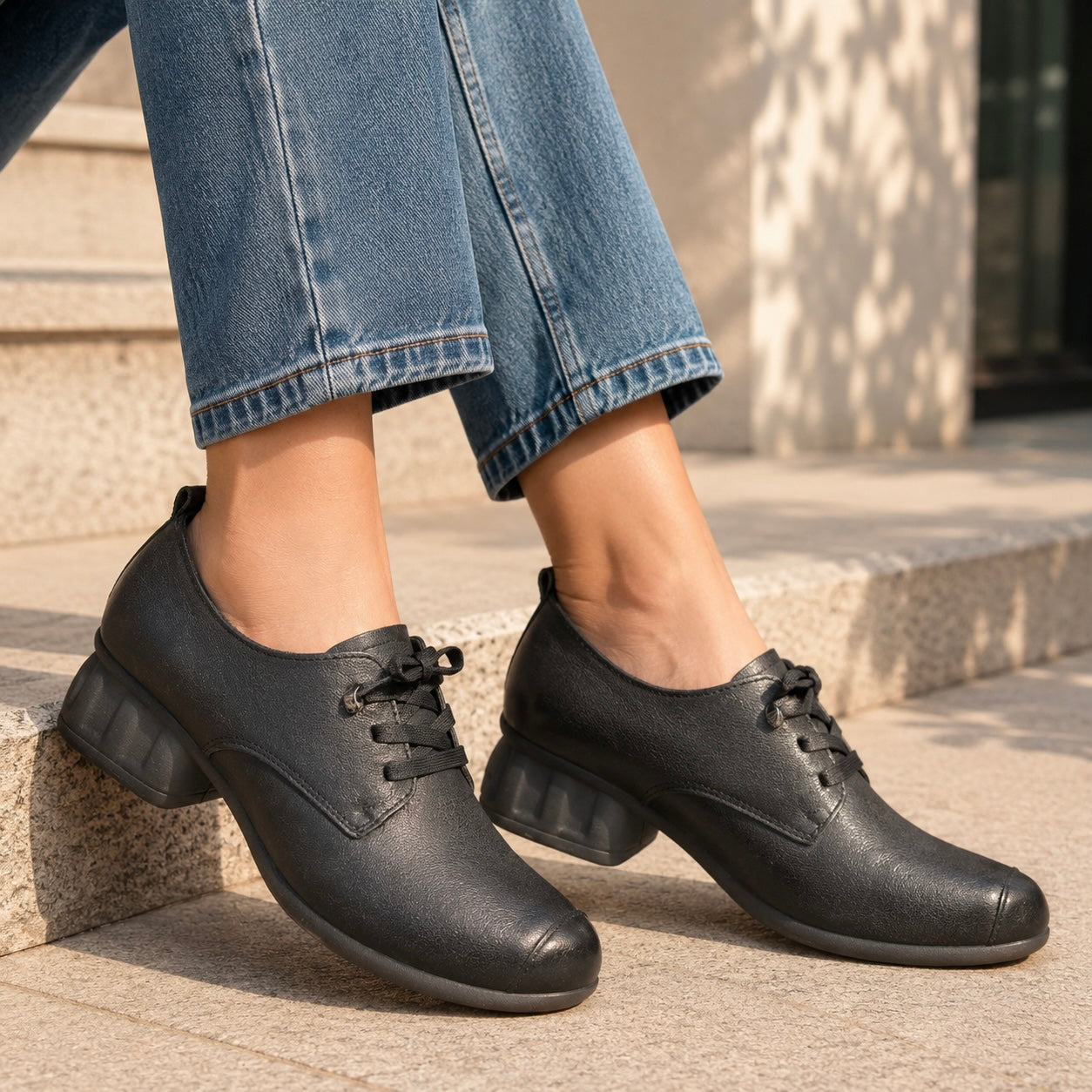 Barbara Premium Leather Lace Up Mid Heel Loafers Black - The Heels India