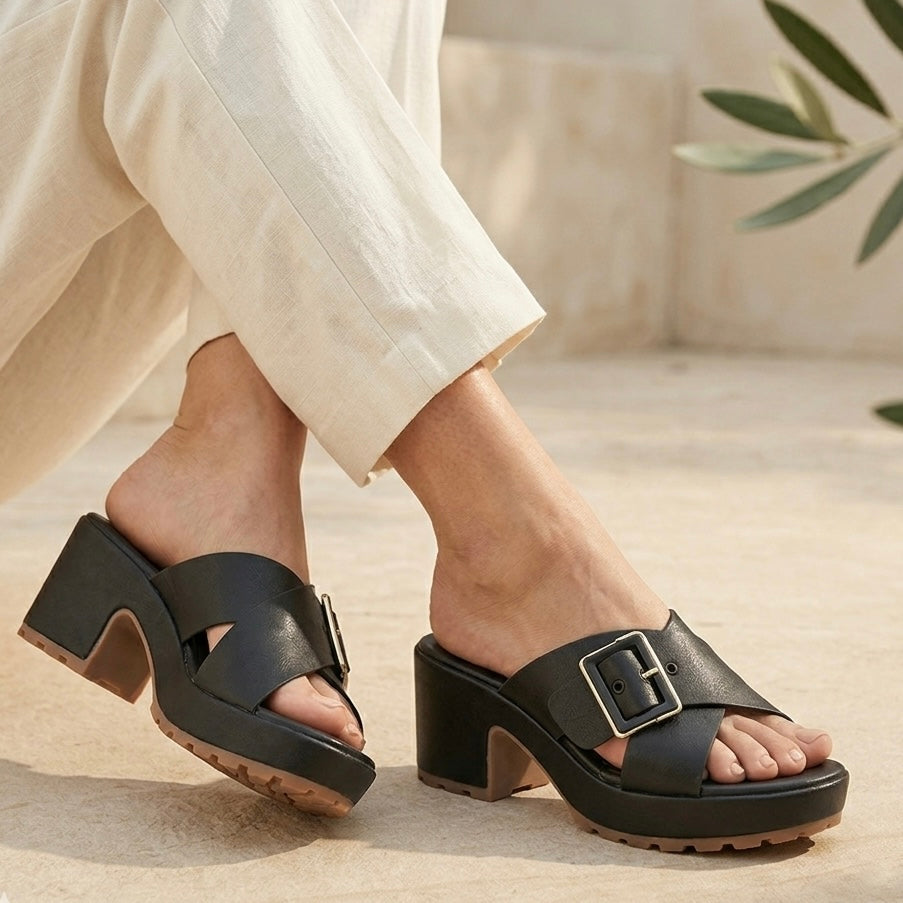 Nysa Chunky Platform Cross Peep Toe Heels - The Heels India