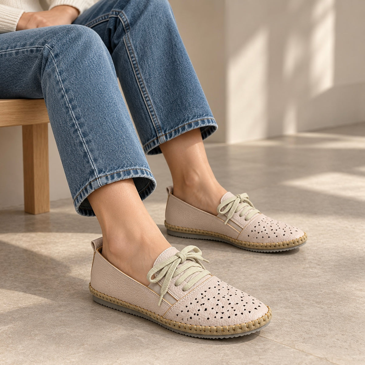 Iris Perforated Cushioned Lace Up Espadrille Loafers in Apricot - The Heels India