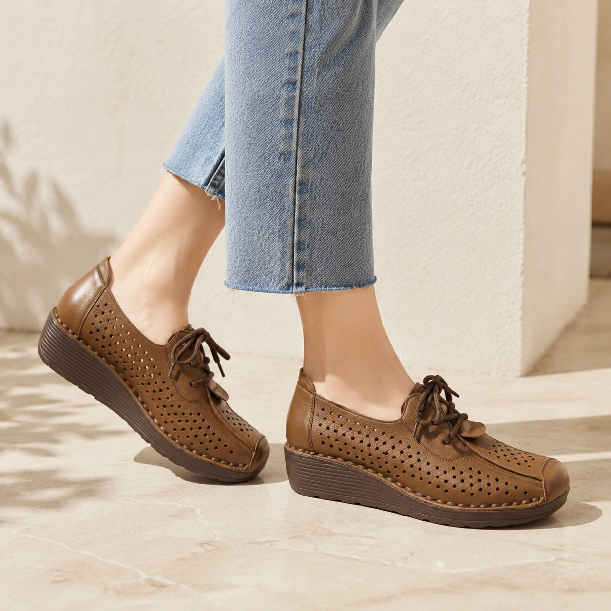 Patricia Premium Leather Lace Up Wedge Heel Loafers