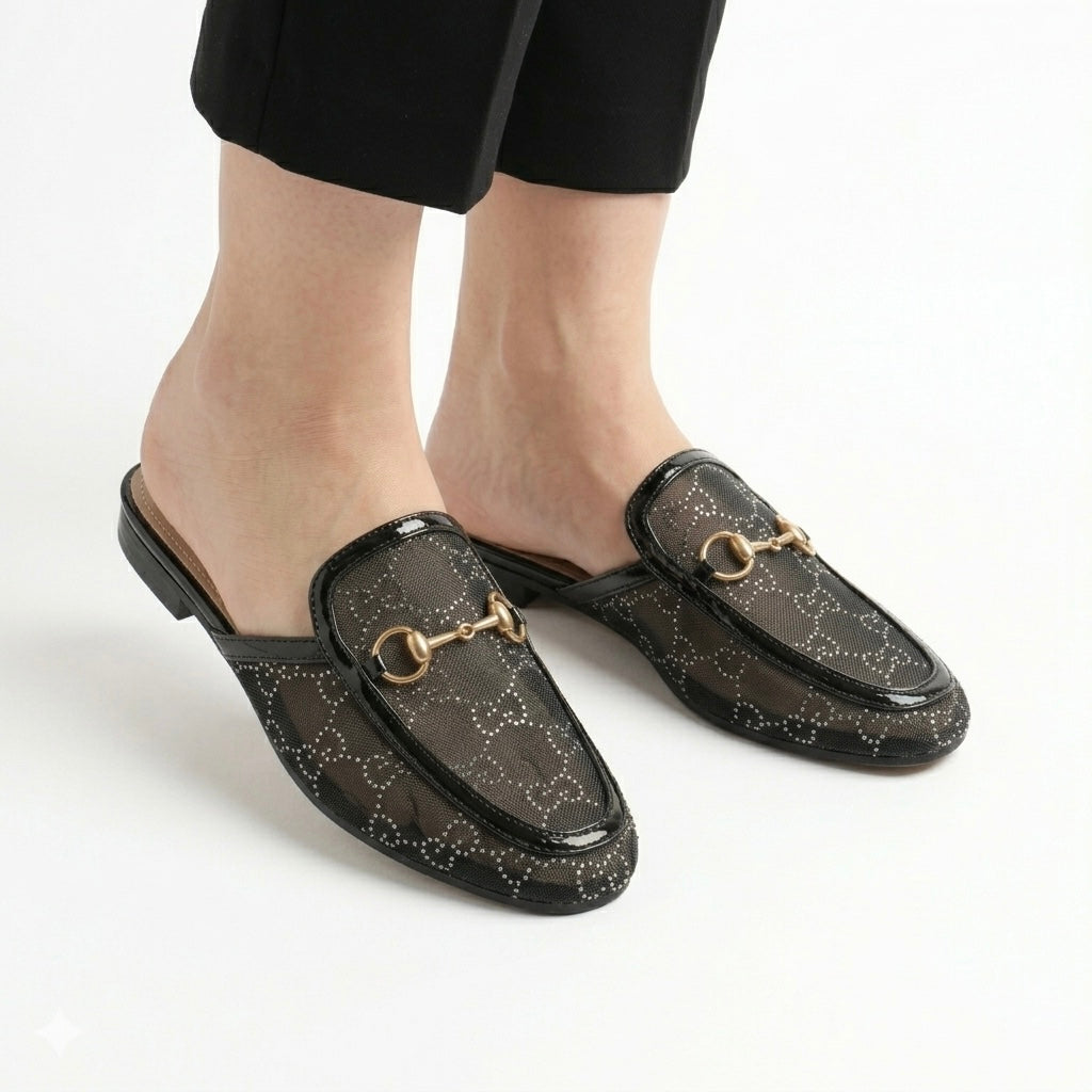 Leto Cushioned Back Open Bling Mesh Mules - The Heels India