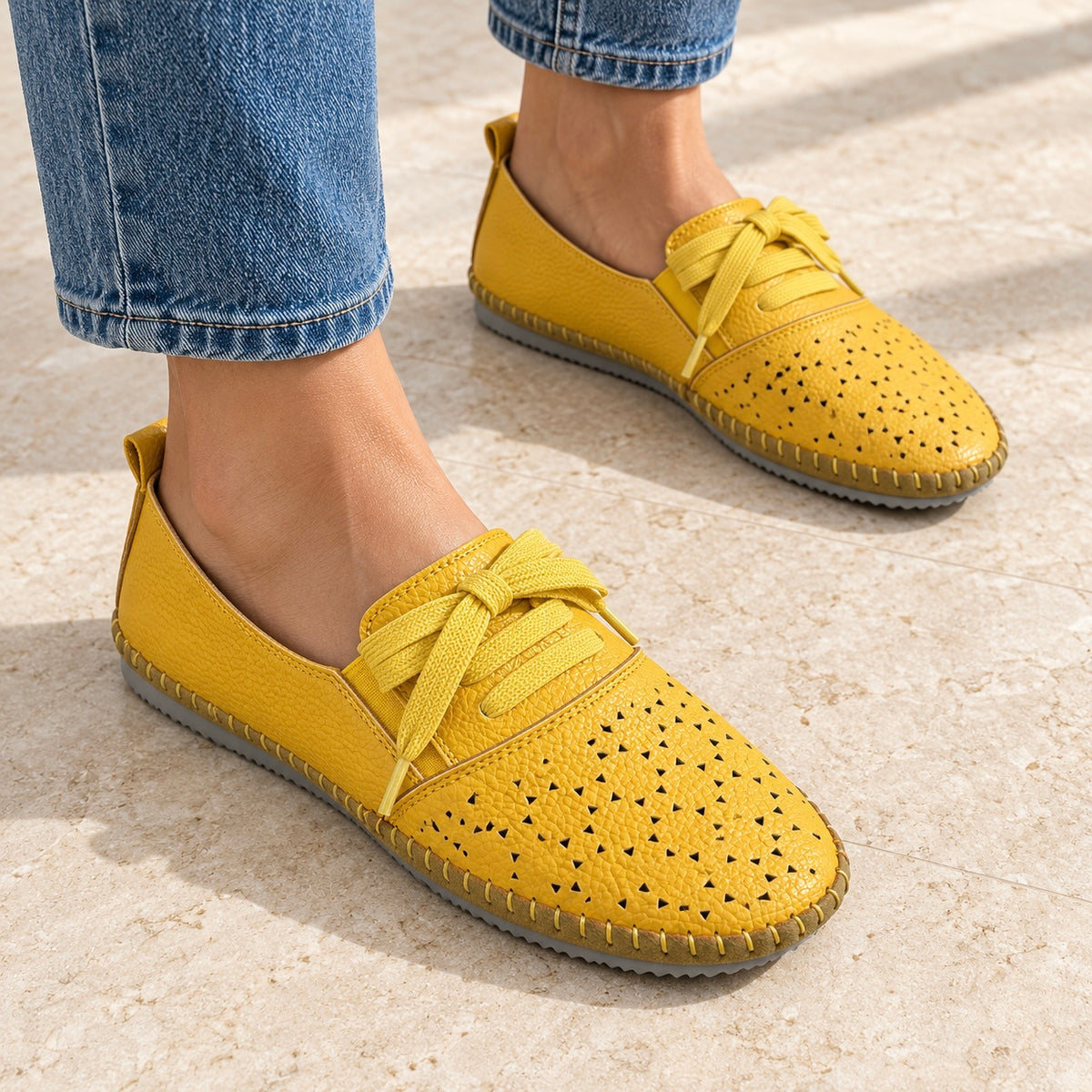 Iris Perforated Cushioned Lace Up Espadrille Loafers in Yellow - The Heels India