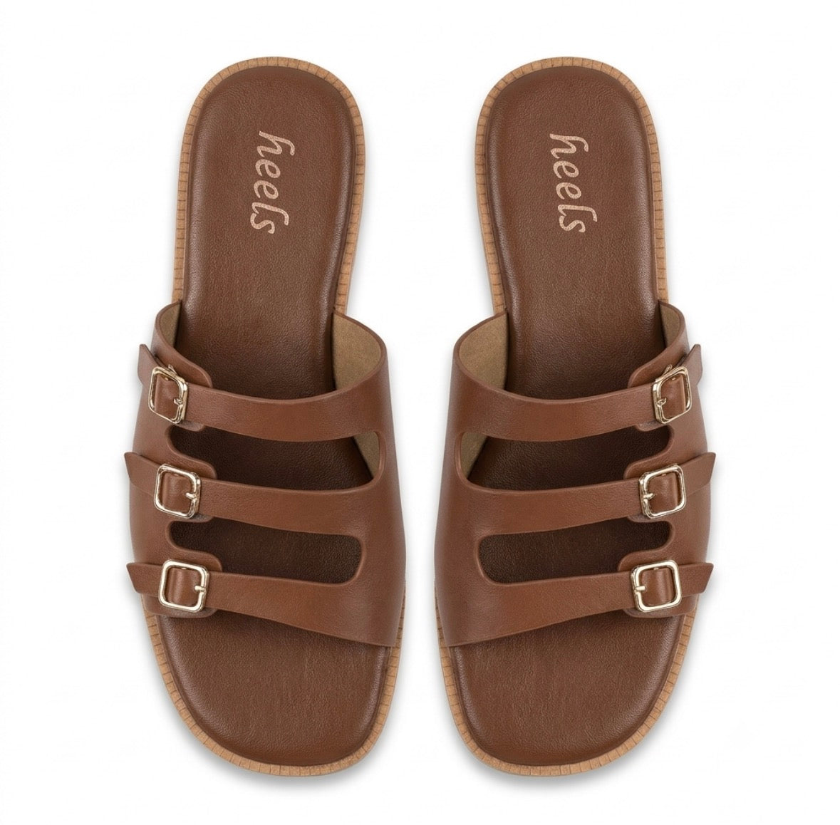 Zeeba Triple Buckle Cushioned Sliders in Tan - The Heels India