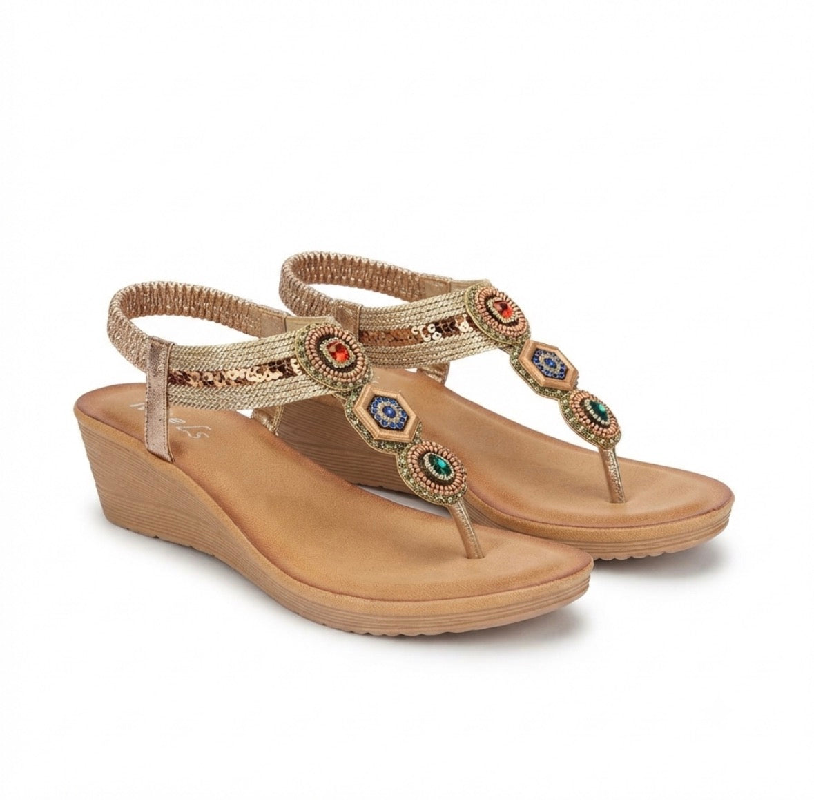 Cynthia Multy Beads Wedge Back Elastic Crochet Sandals in Champagne - The Heels India