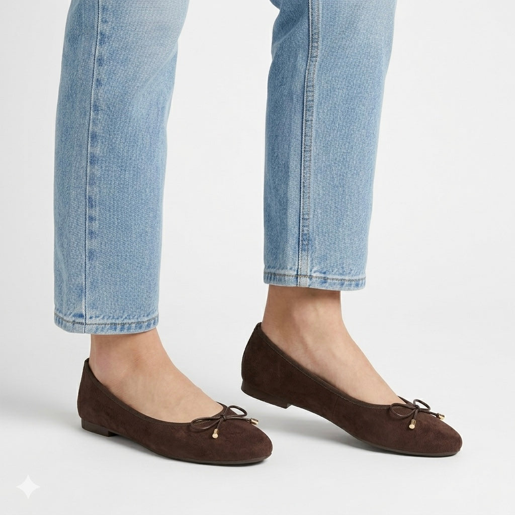Charlette Cushioned Flat Knot Bow Suede Ballerinas - The Heels India