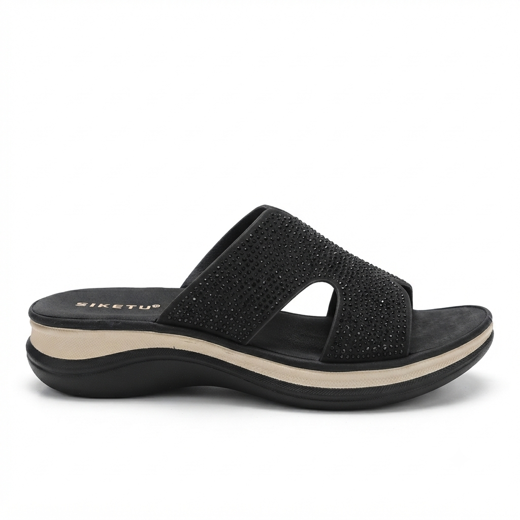 Zarella Bling Chunky Comfort Sliders in Black - The Heels India