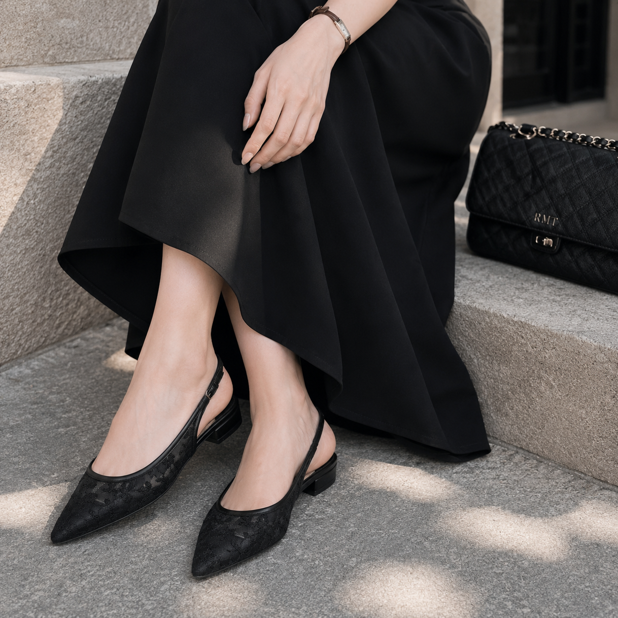 Carmen Mesh Hand Embroidered Sling Back Pointed Ballerinas