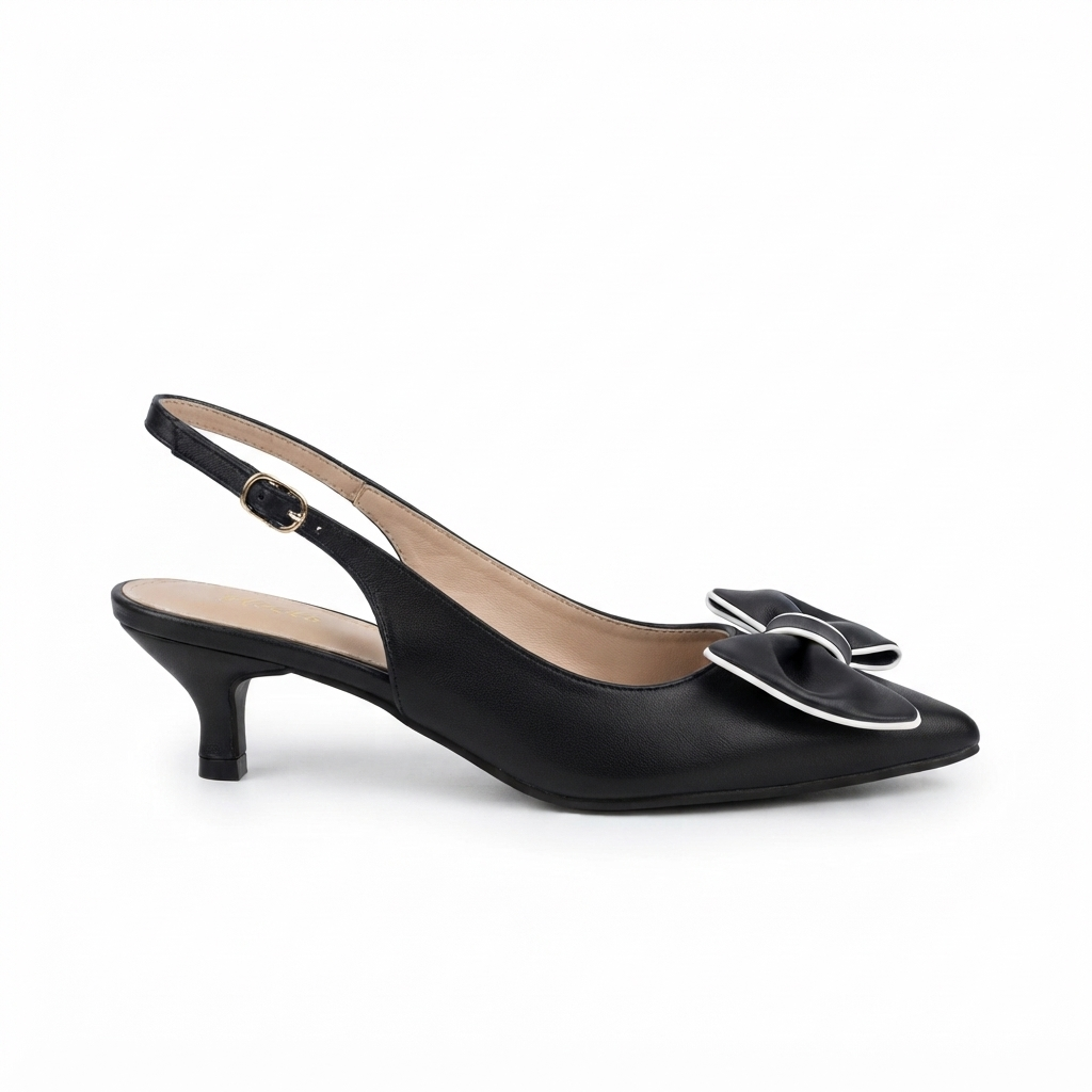 Brie Bow Mini Premium Slingback Kitten Heels in Black - The Heels India