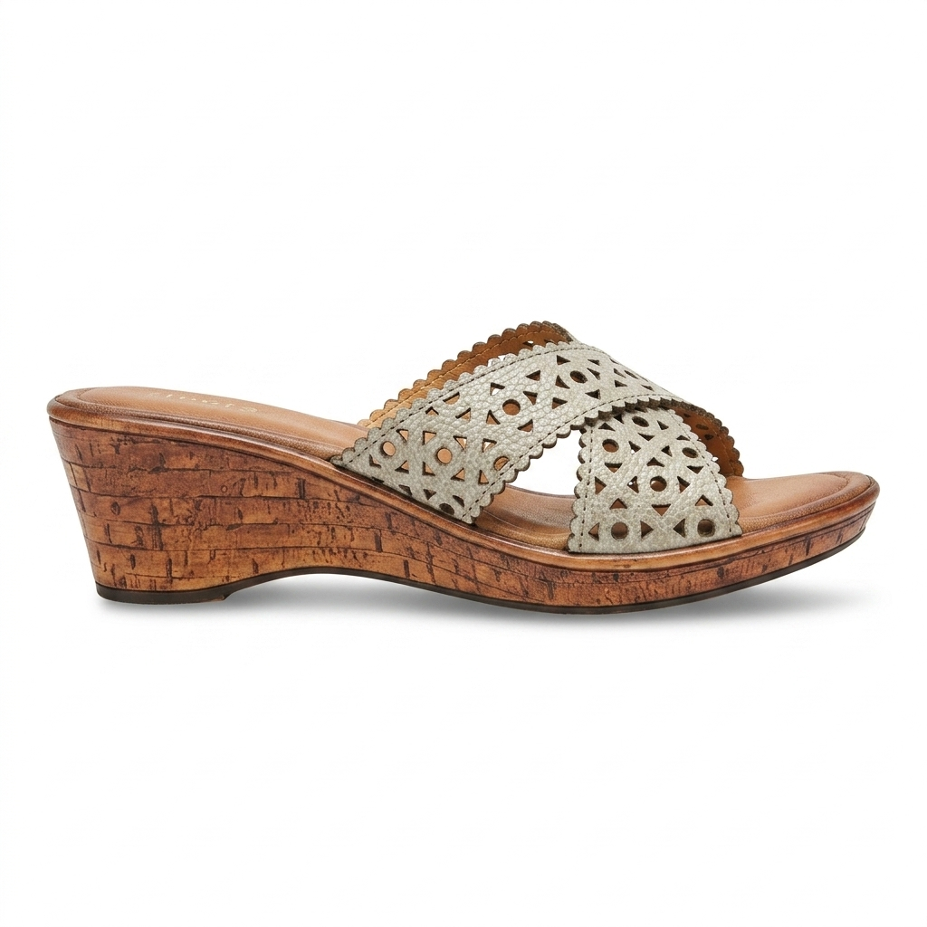 Valencia Laser Cut Perforated Leather Wedge Heel Cross Slippers
