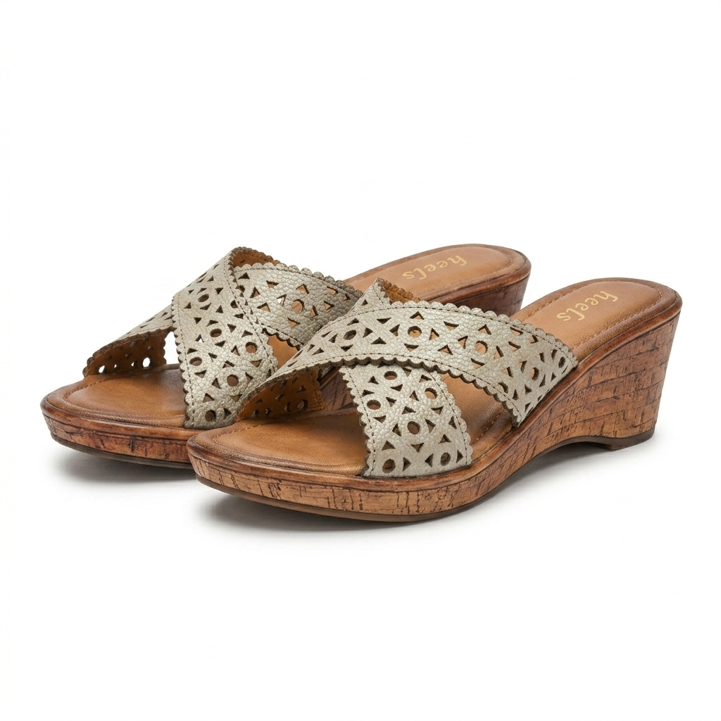 Valencia Laser Cut Perforated Leather Wedge Heel Cross Slippers
