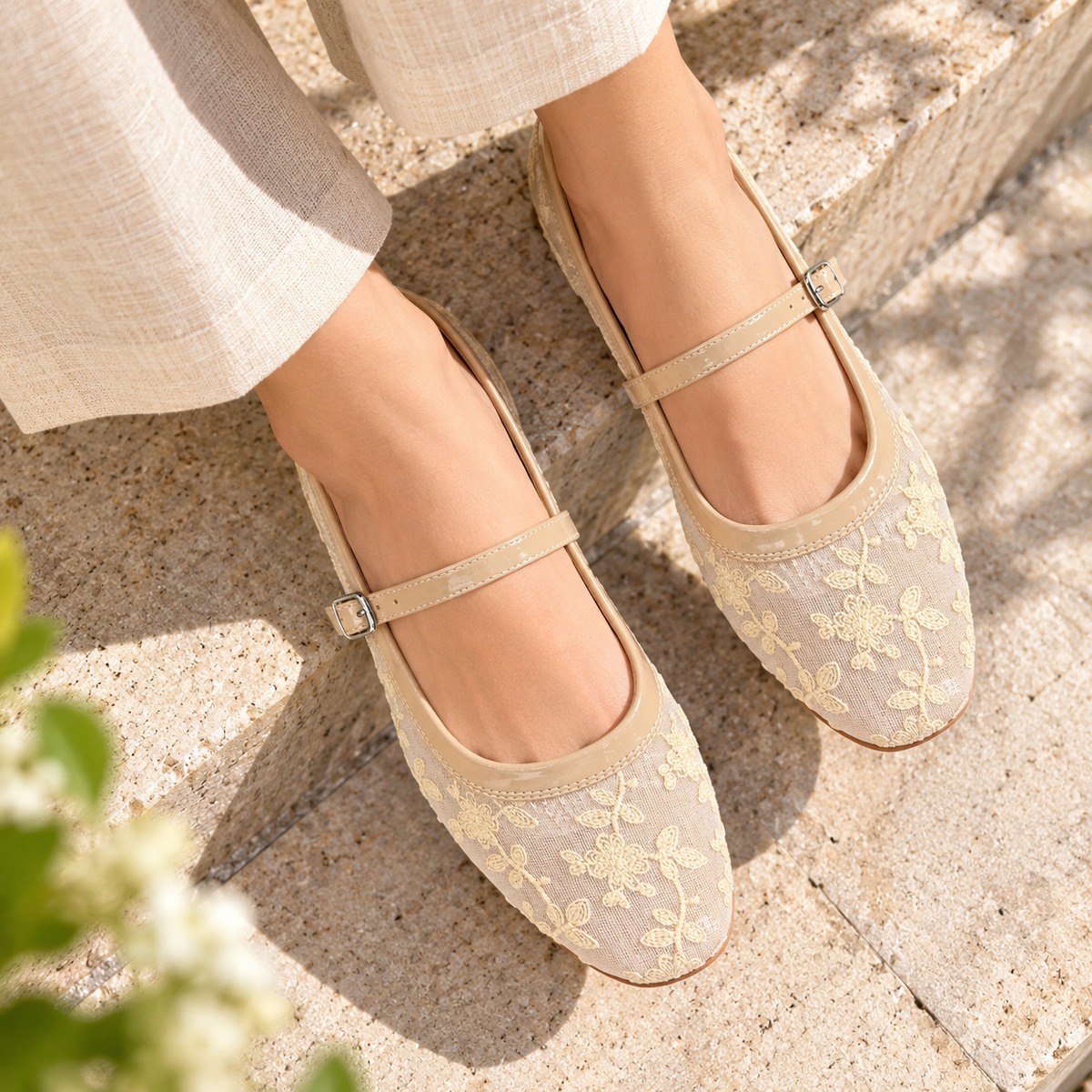 Carla 2.0 Mesh Hand Embroidered Mary Jane Ballerinas in Apricot - The Heels India