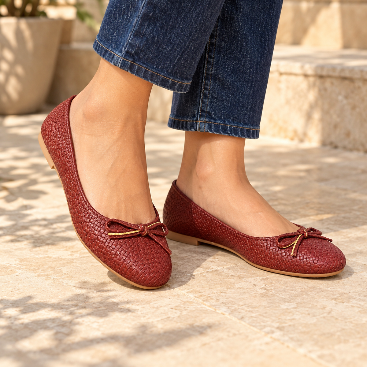 Sicily Cushioned Knit Bow Ballerinas in Coffee - The Heels India