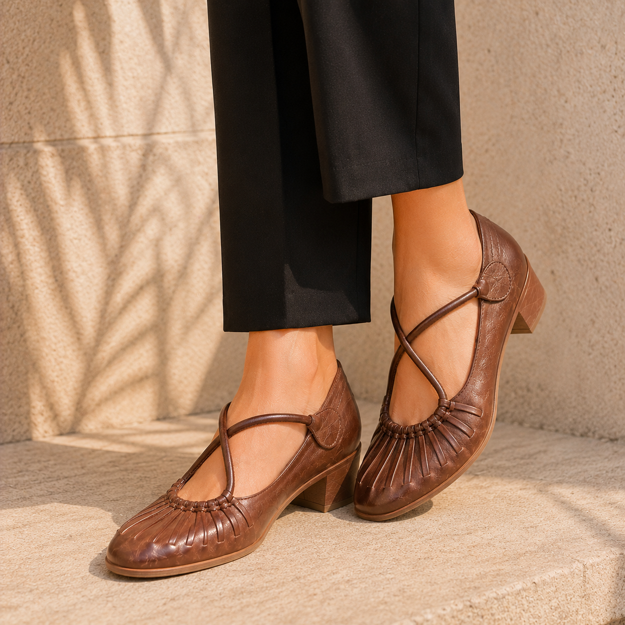 Rihanna Premium Leather Velcro Strap Block Heels