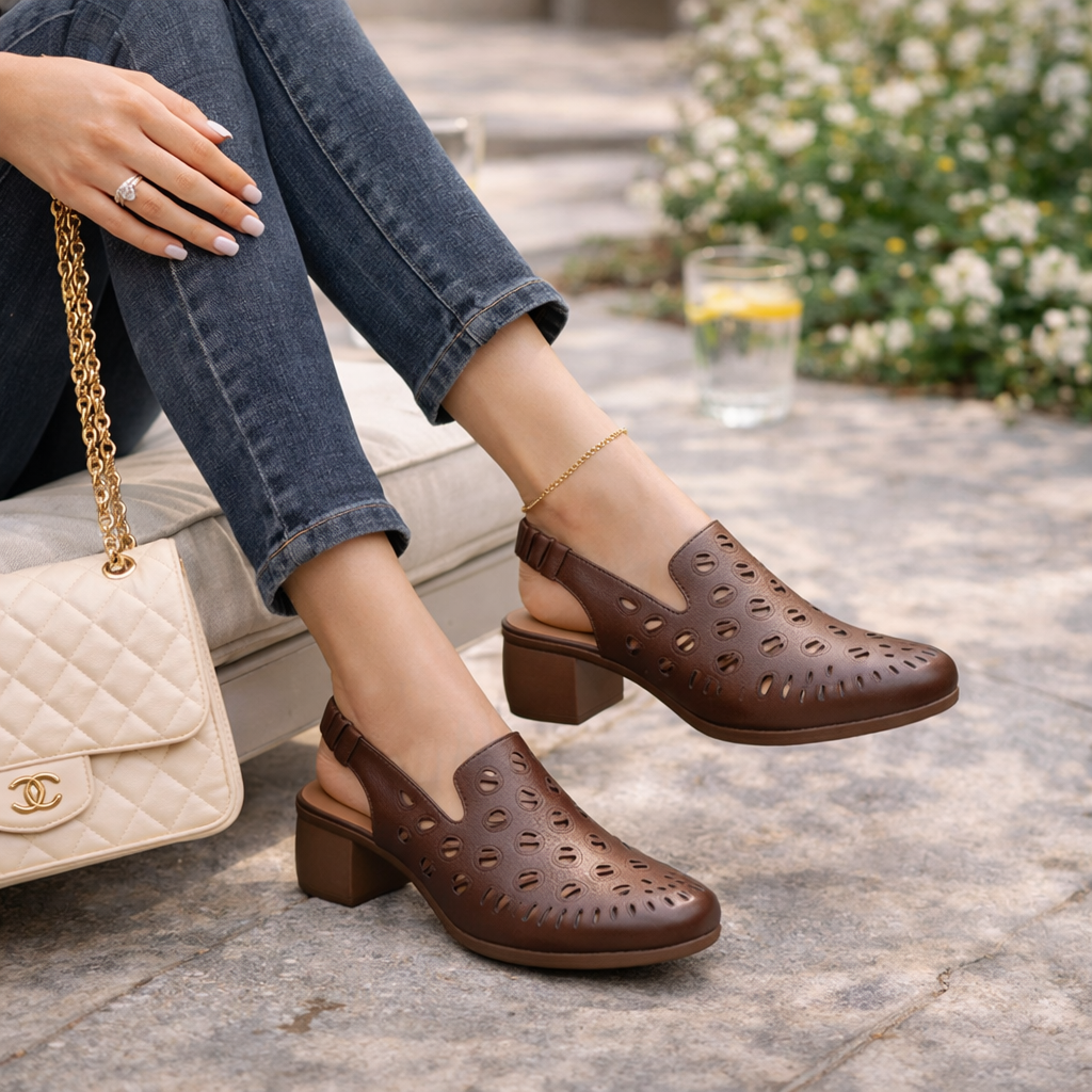 Sakina Premium Leather Perforated Slingback Summer Sandals - The Heels India